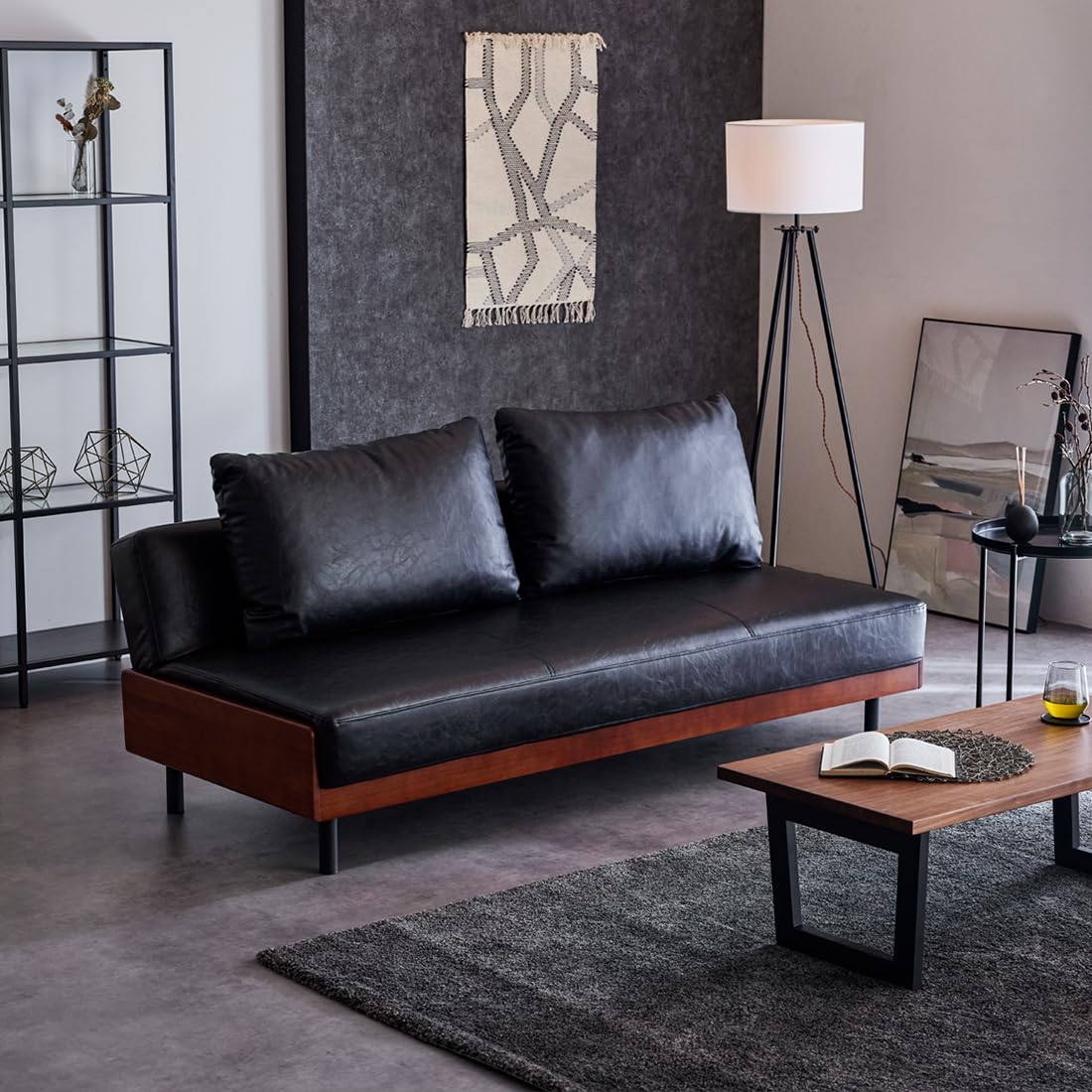 デザインソファーベッド3way モダンレザーブラック