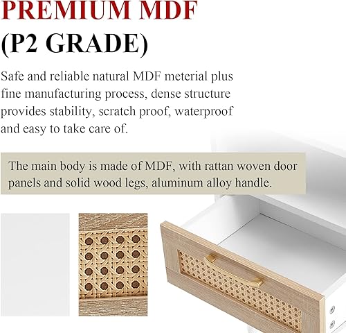 Miniatura 7 de LETESA Mesitas de noche de ratán, con cajón decorativo de ratán y estante abierto, mesas auxiliares de cama con pies de madera maciza, mesa