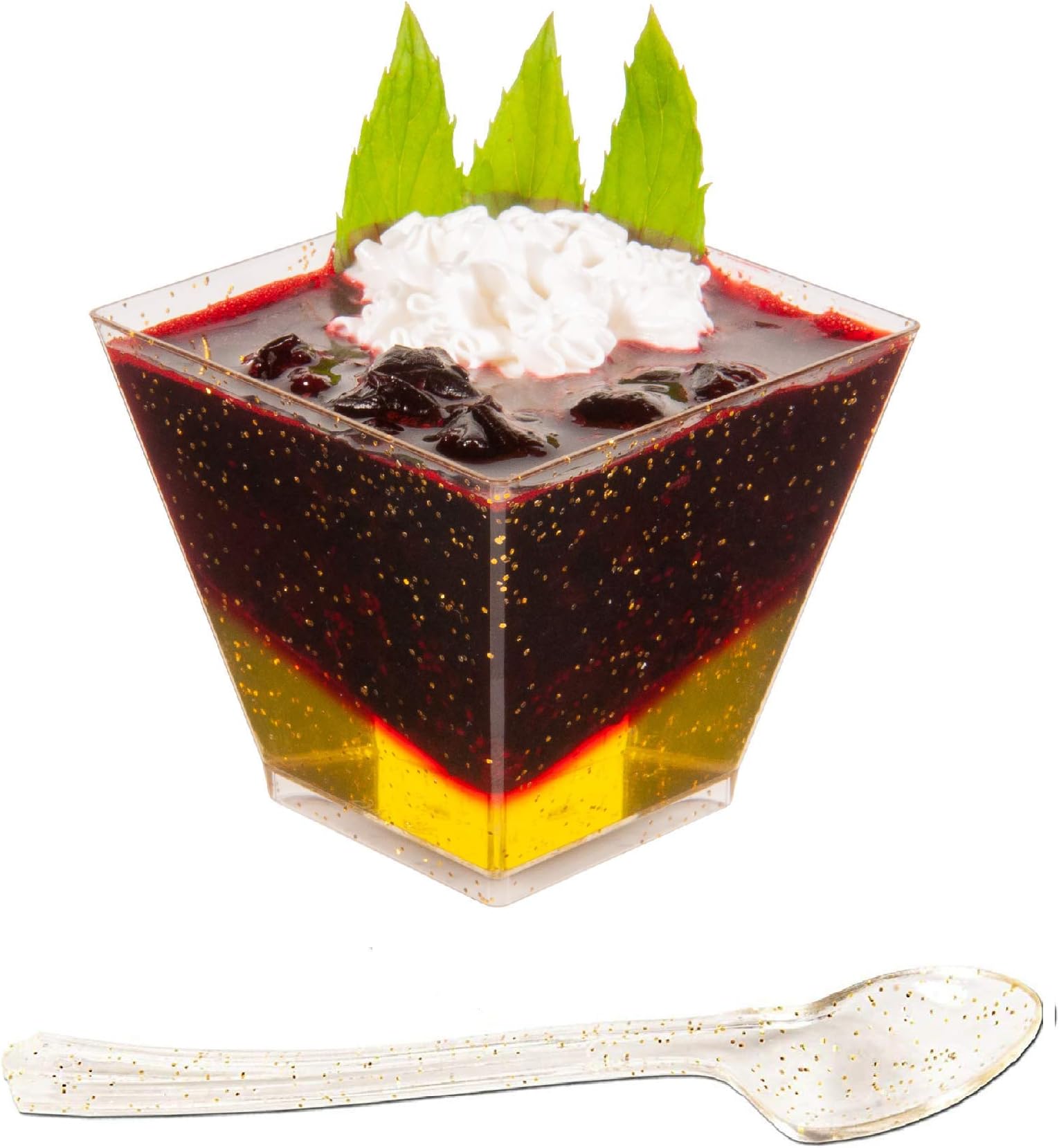 DLux 100 x 2oz Square Mini Dessert Cups with Spoons, Gold Glitter Clear Plastic Parfait Appetizer Cup - Small Reusable Serving Bowl for Tasting Party Desserts Appetizers - With Recipe Ebook