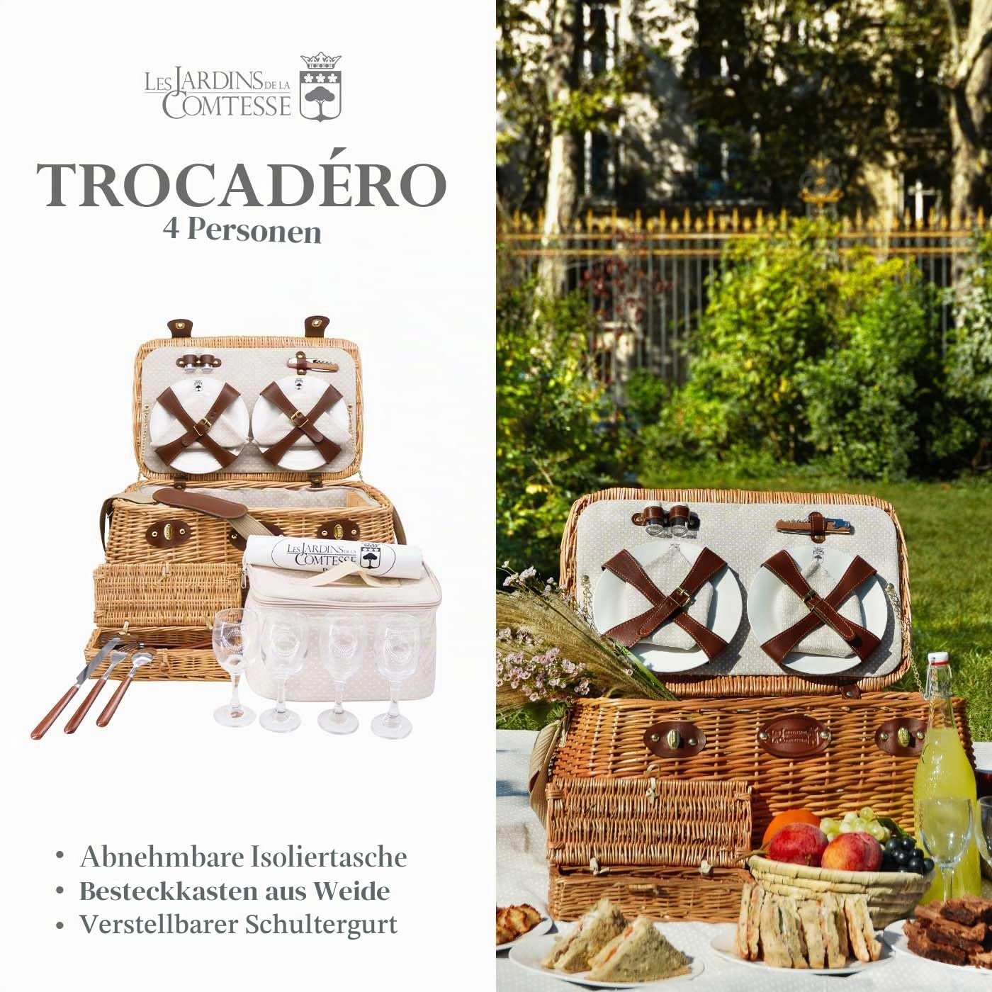Les Jardins de la Comtesse - Picknickkorb Trocadero aus Honigfarbener Weide - Komplett/4 Pers - Herausnehmbare Kühlfach - Keramikteller/Weingläsern - Beige mit weißen Punkten Stoff - 50 x 33 x 25 cm