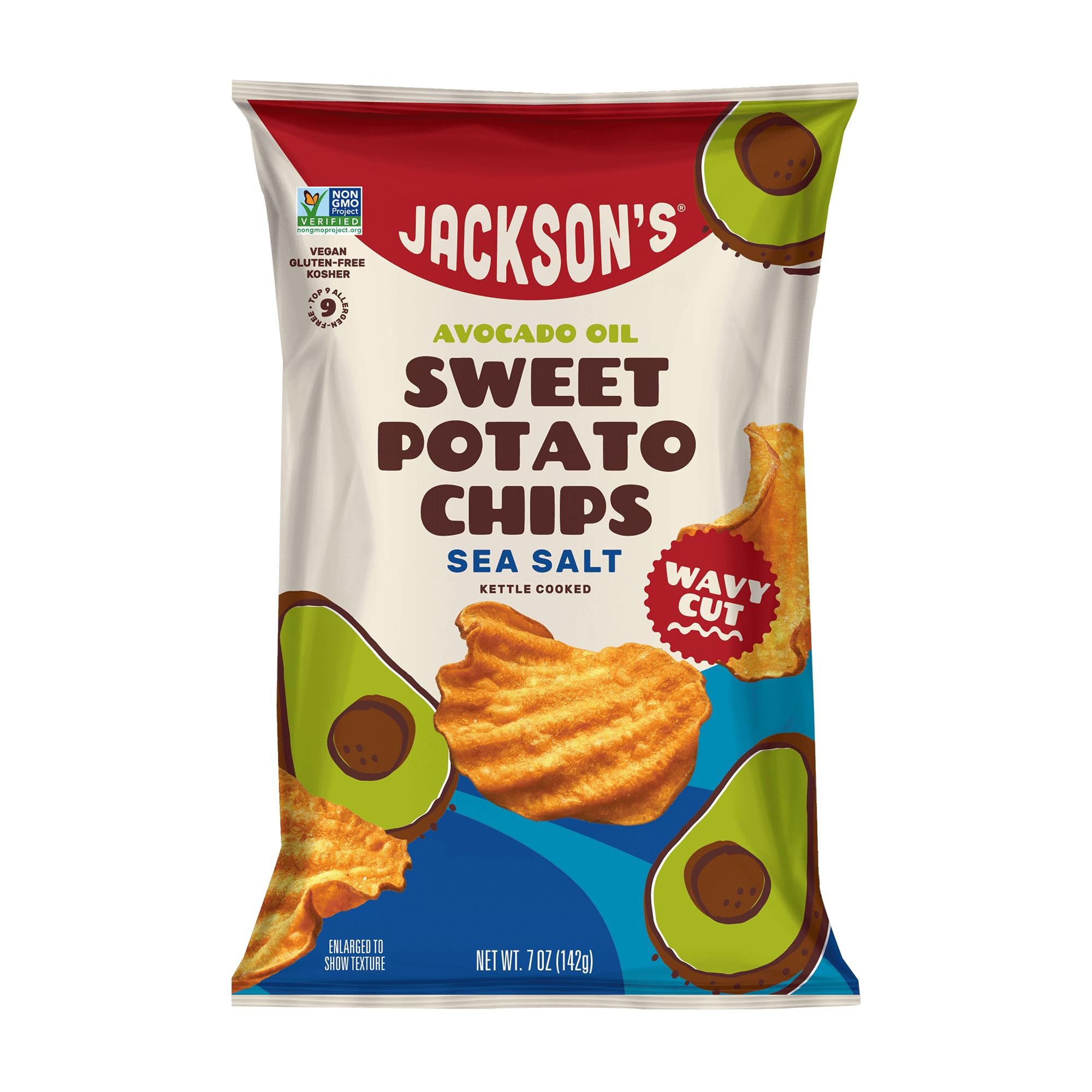 Jackson’s Wavy Sweet Potato Kettle Chips - with Sea Salt made with Premium Avocado Oil (7oz, Pack of 6) - Allergen-friendly, Gluten Free, Peanut Free, Vegan, Paleo Friendly - Shark Tank Product