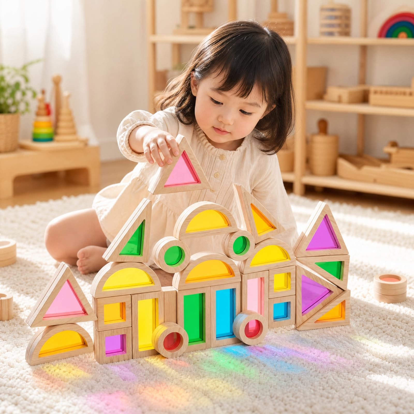 24 Pezzi Blocchi con Cornice in Legno e Superfici Traslucide Educativo Blocchi di Legno e Acrilico Sensoriale per Ambiente di Apprendimento Precoce, 24PC Legno