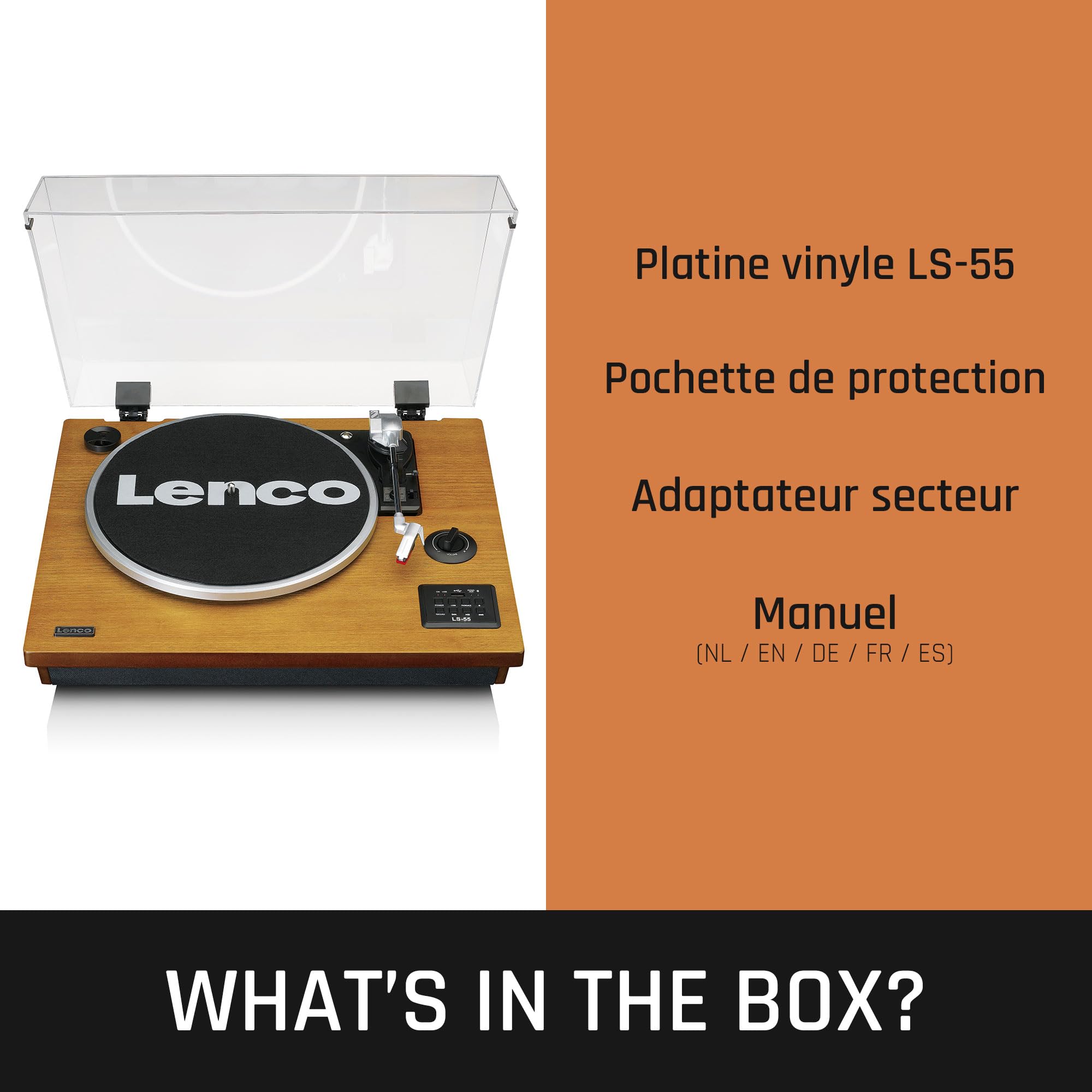Lenco LS-55 Platine Vinyle, Tourne Disque Vinyle, Bluetooth - avec haut-parleurs intégrés - Encodage direct MP3 sur support de stockage - 2 x 5 Watt RMS - Entrée USB - AUX - Marron
