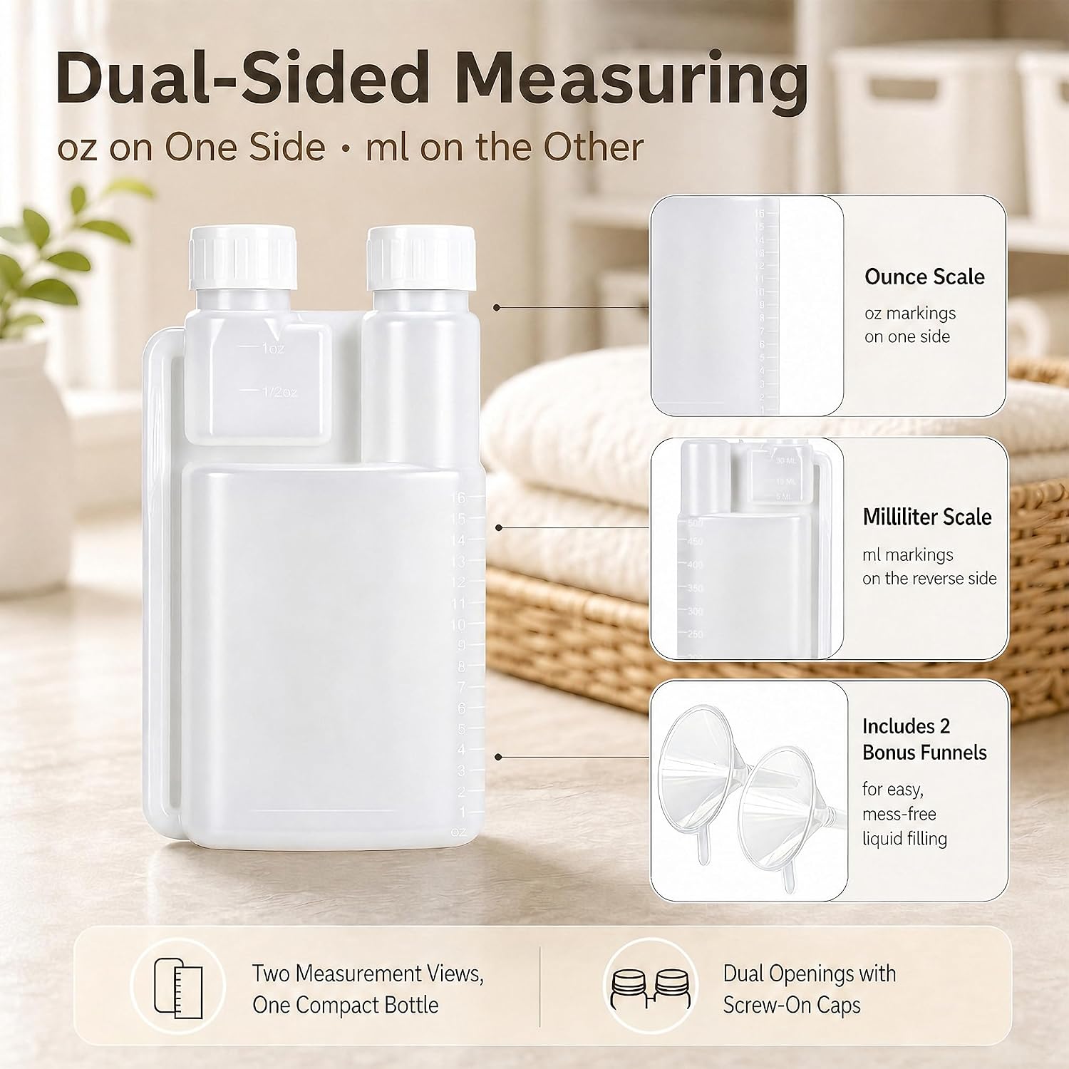 2‑Pack 16oz Plastic Flask with Built‑in Shot Glass Measuring Bottles, Graduated Dispenser Bottles with Caps for Liquor, Cooking Oil, Camping & Travel