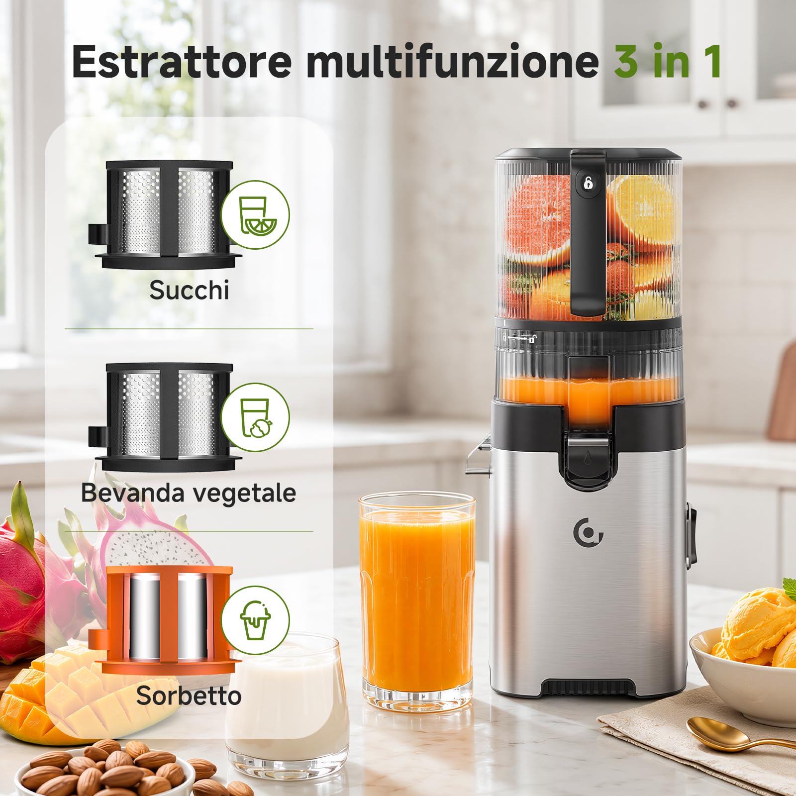 AMZCHEF Estrattore di Succo a Freddo, 158 mm Bocca Larga per Frutta e Verdura Intera, 2.5 L, Facile da Pulire, 2 Filtri per Succo e Gelato, per Famiglie, Genitori e Colazione