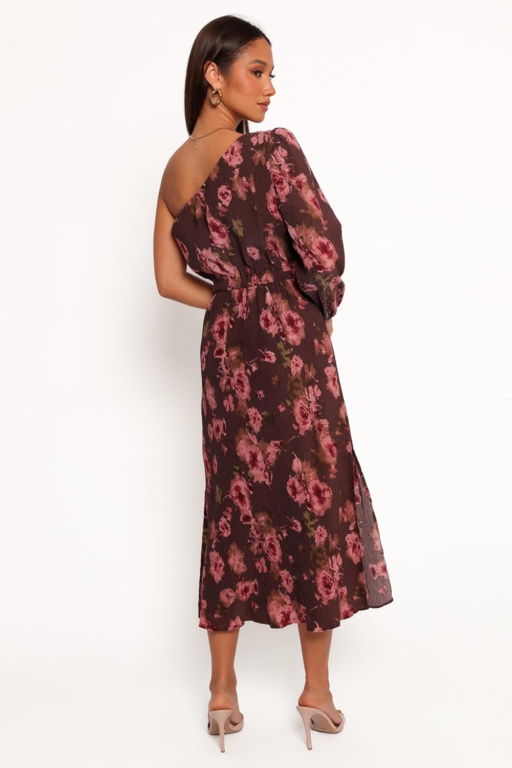Petal & Pup Women's Pontee One Shoulder Pleated Midi Dress-Chocolate Brown
