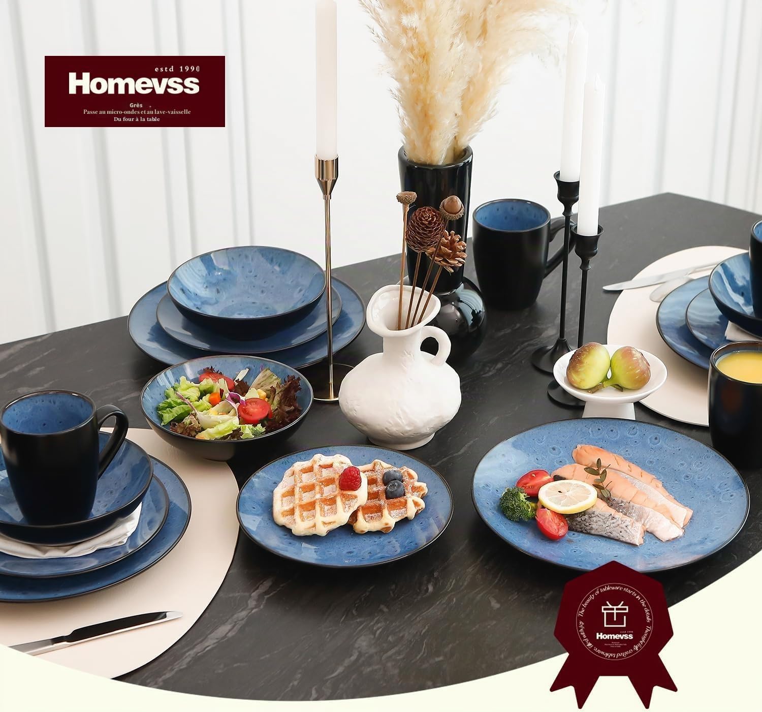 Service de table 16 pièces pour 4 personnes, double bol, assiettes et bols en grès résistant aux rayures, passe au micro-ondes et au lave-vaisselle - Bleu