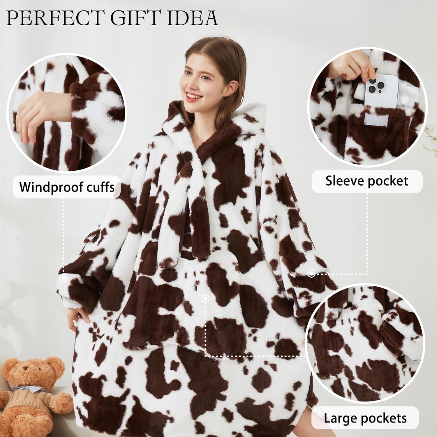 Softan Blanket Hoodie, Oversized Fleece Wearable Blankets for Women and Men Gifts, Cozy Warm and Soft Sweatshirt Blanket with Large Pocket, Brown Cow Print - Image 7