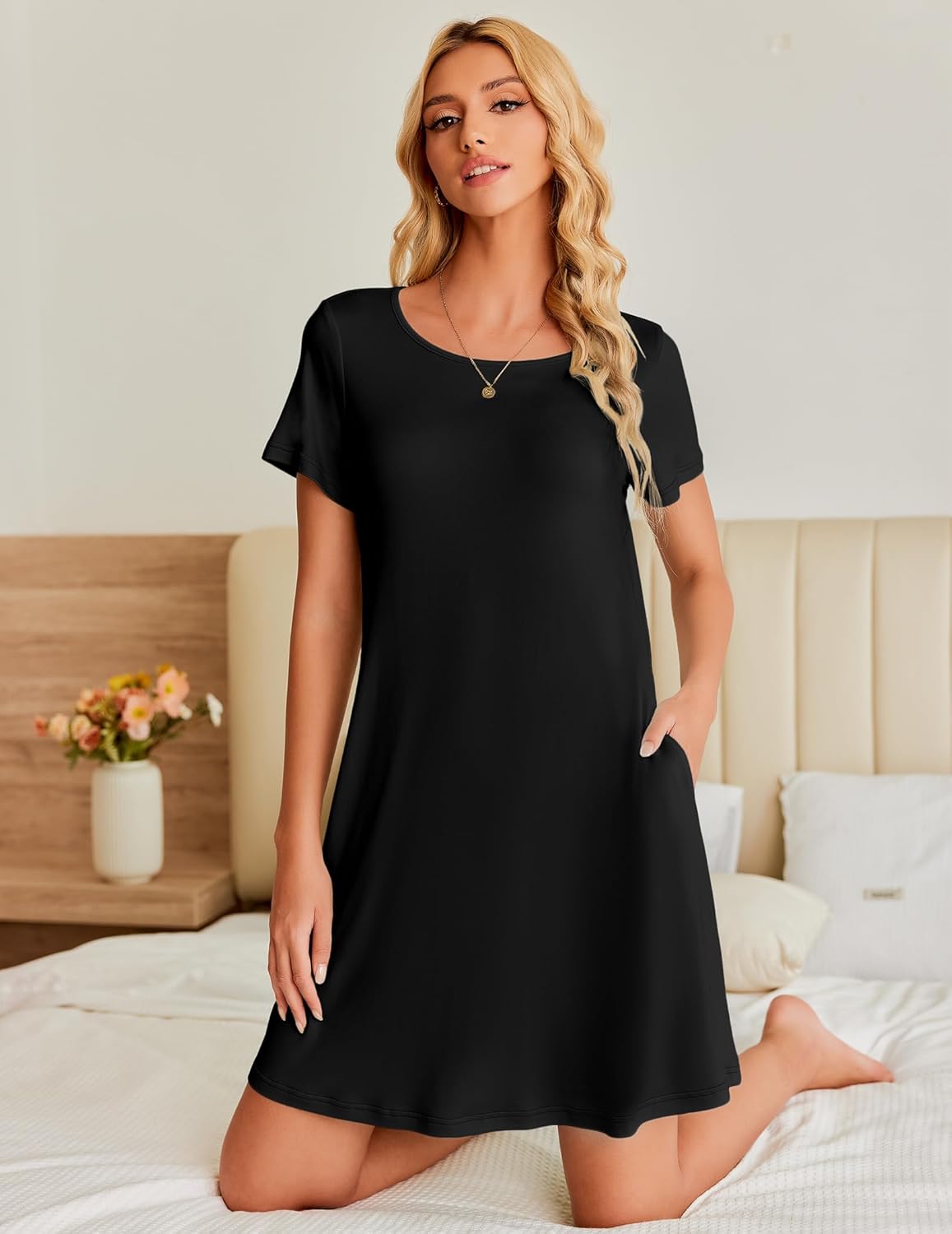 Ekouaer Women's Nightgown Short Sleeve Sleep Shirt Round Neck T-shirt Dress Soft Nightdress with 2 Pockets S-3XL - Image 3