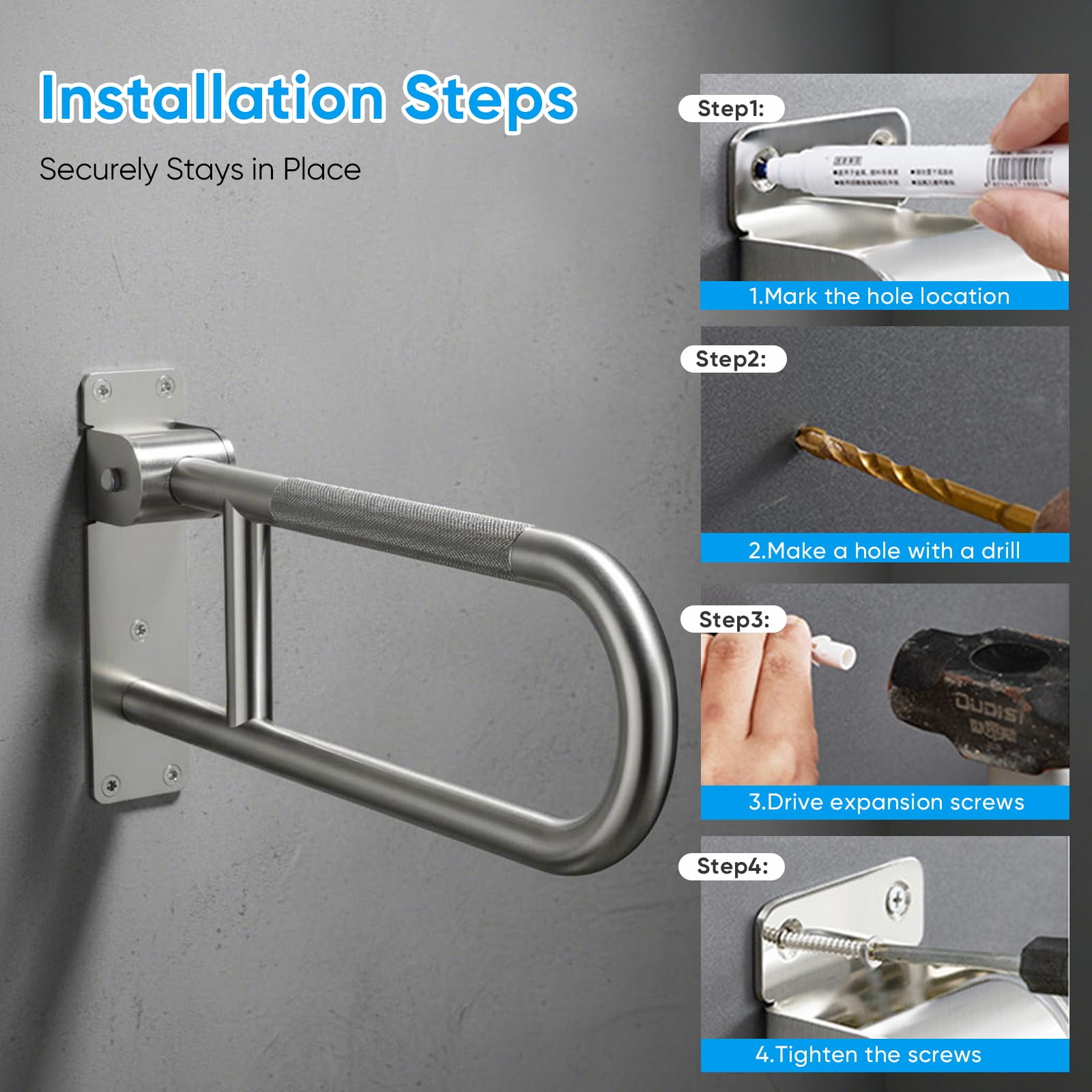 Maniglione Ribaltabile Bagno Wc, Acciaio Inossidabile Opaco Antiscivolo con Corrimano di Supporto Parete 90 Pieghevole Sicurezza Doccia Toilette - Argento - 60cm