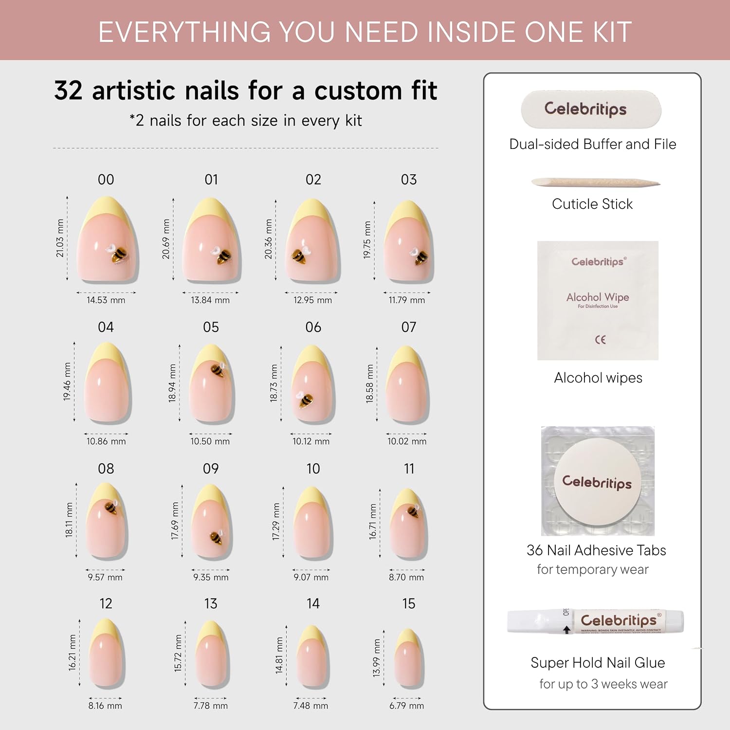 Celebritips Nail Art Press-Ons | Short Almond Nails, Reusable | 16 sizes - 32 Nails Kit with Super-hold Nail Glue and Sticky Tabs (3D Honey Bee)