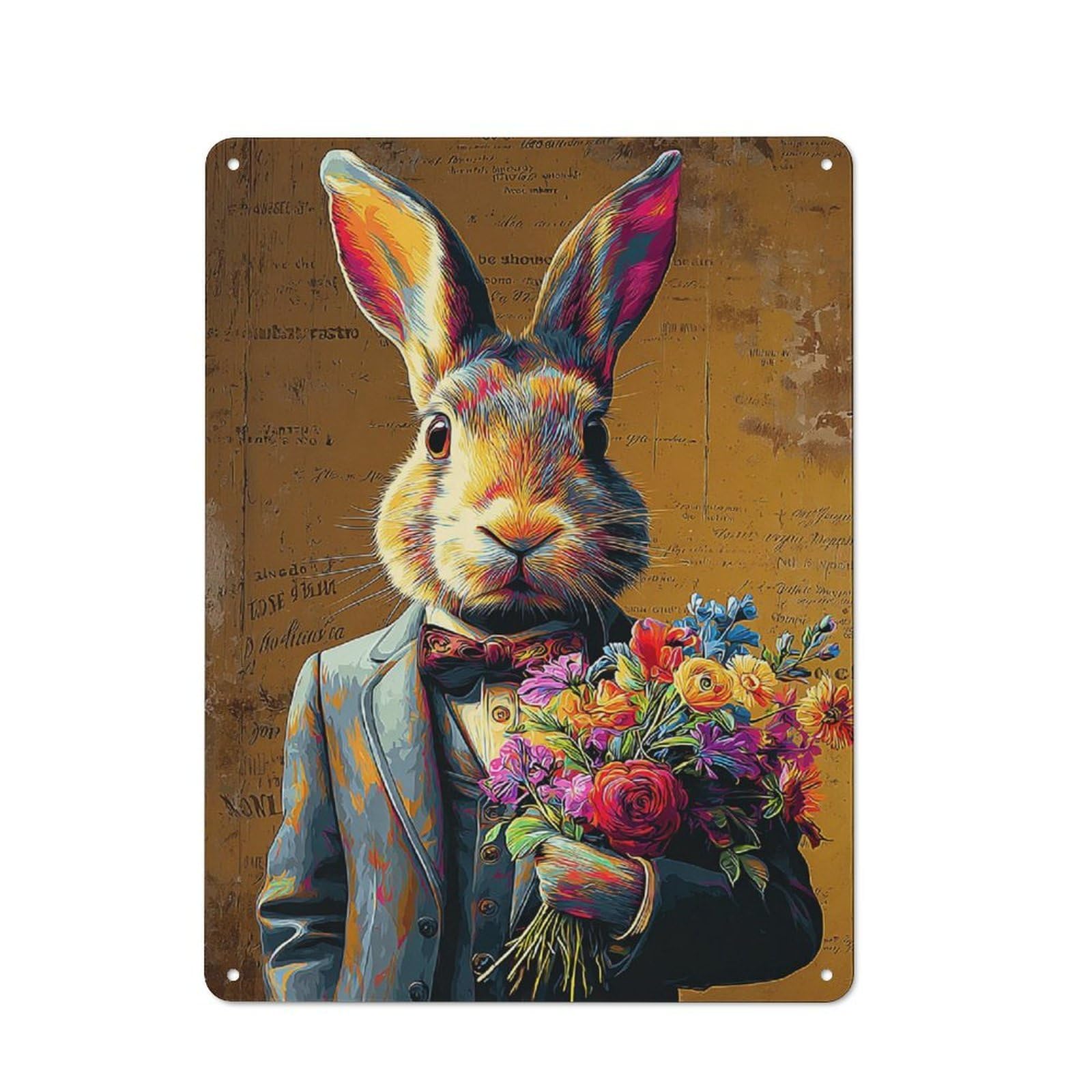 Junmoney Colorful Rabbit In Suit Holding Flowers Rustic Tin Sign 40X30cm Featuring For Garage Or Workshop, For Garage, Workshop And Man Cave Decoration