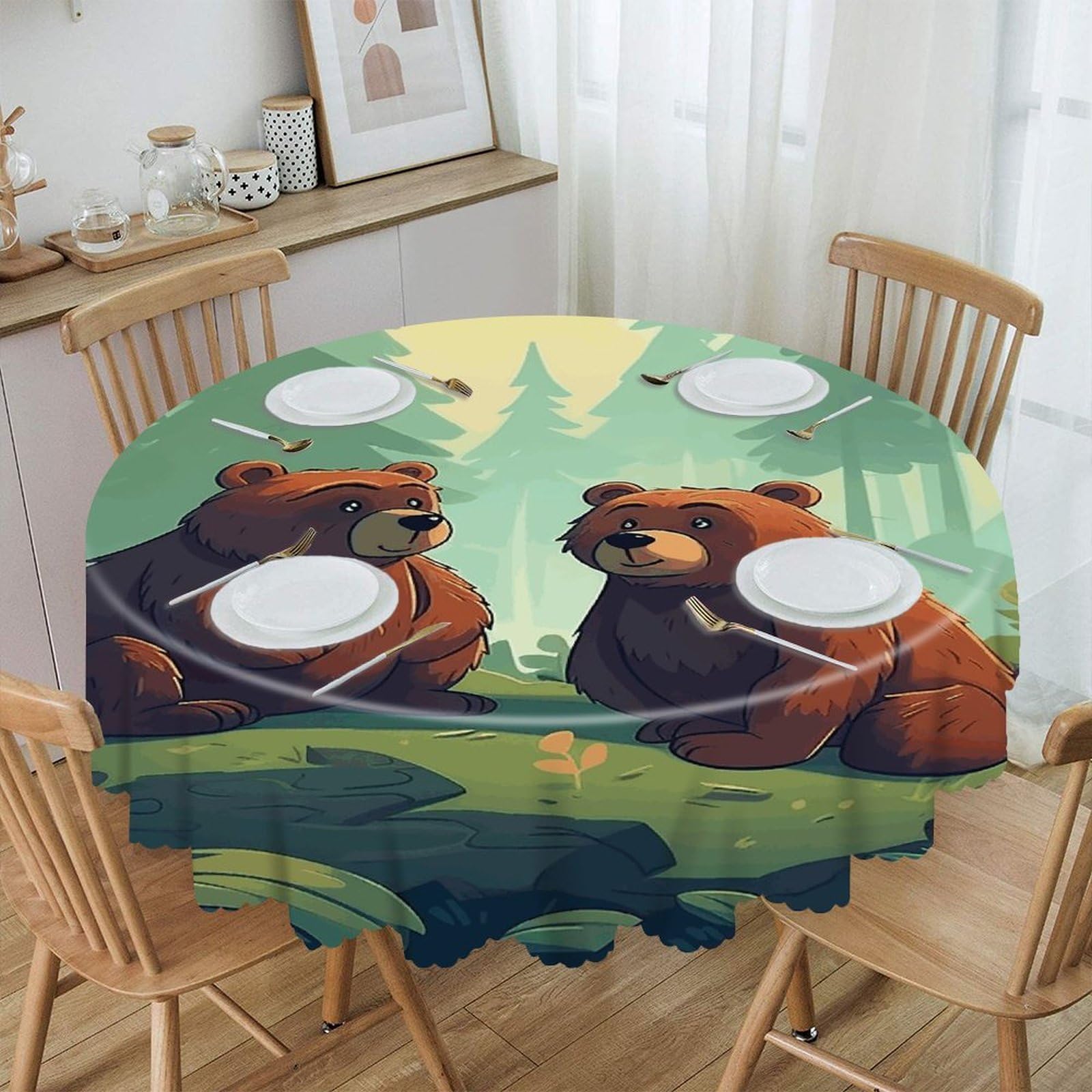 Btcowzrv Style Hand Drawn Bear Polyester Round Tablecloth 59.84 Inch, Decorative Washable Table Cover, Table Cloth For Restaurant Picnic Indoor And Outdoor Dining