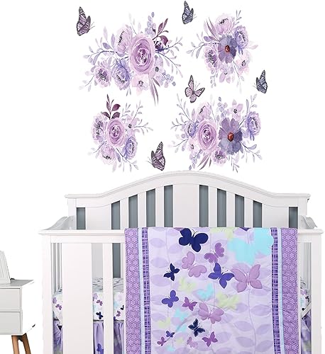 Juego de ropa de cama de cuna de mariposa púrpura para niñas edredón de 4 piezas para niñas sábana bajera falda de pared juego de ropa de cama para