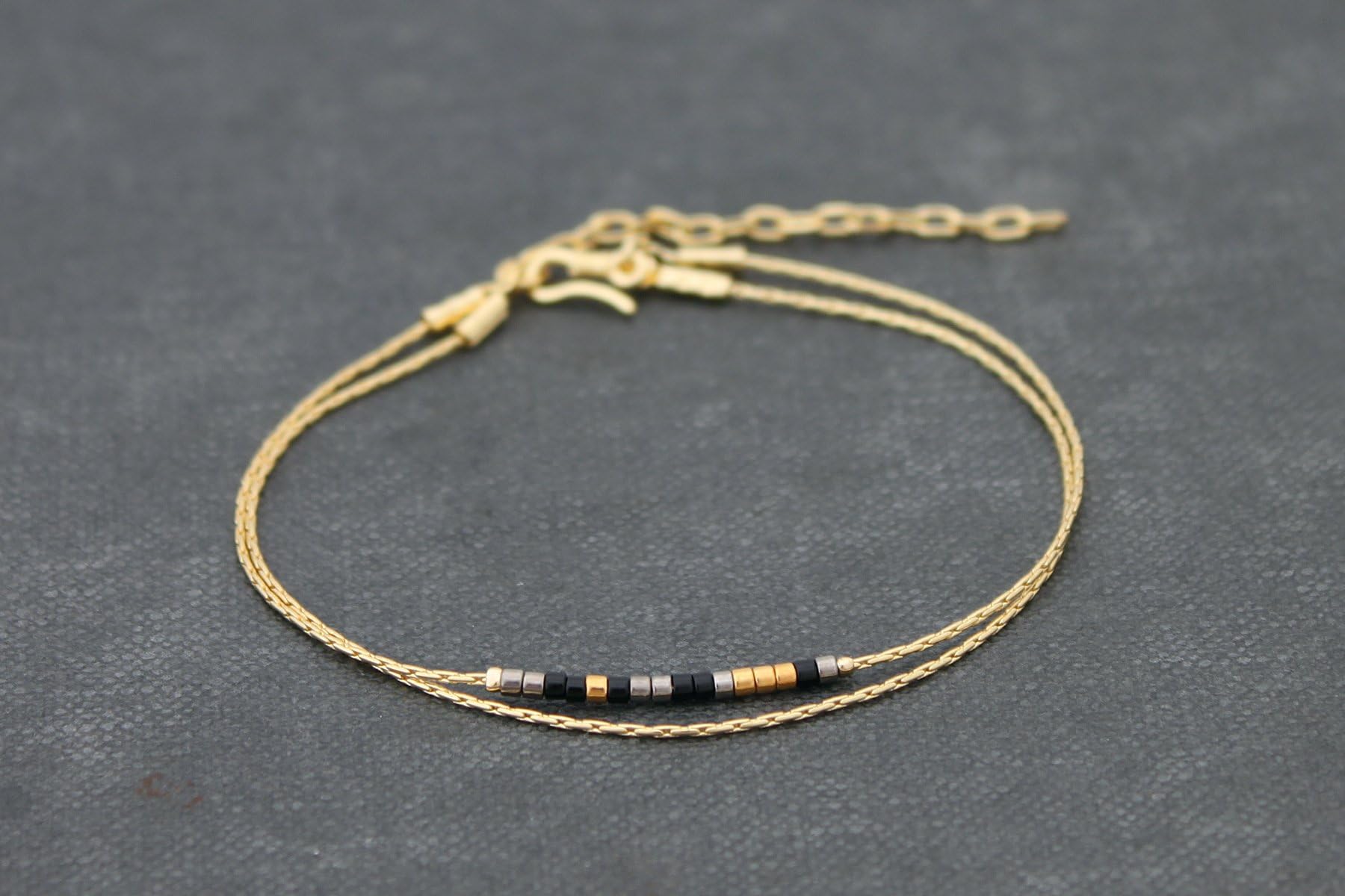 Delicate Beaded Bracelets, Miyuki Small Beads Bracelets, Petite Minimal Gold Chain Grey Mix Strand Bracelets