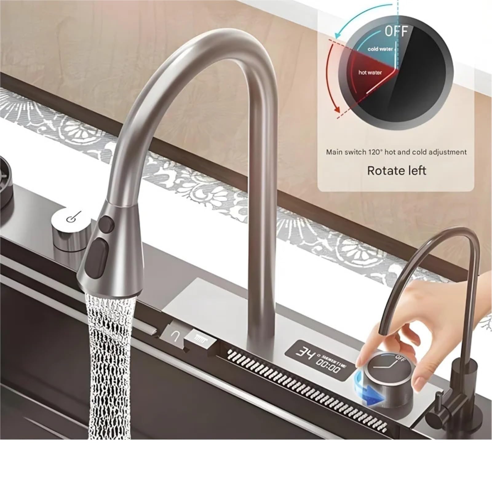 Grifo de cocina latón cepillado, grifo mezclador para fregadero abatible con pantalla LED, montaje en cubierta 2 orificios,Seguro y Confiable
