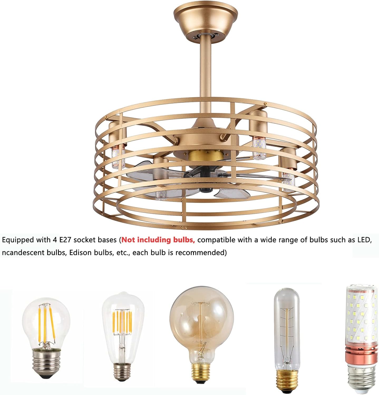 OUKANING Caged Invisible Ceiling Fan with Light, 3 Speeds Adjustable,Enclosed Ceiling Fan Lights with Remote, Industrial Low Profile Fans for Living Room, Bedroom, Kitchen (Gold, 20)