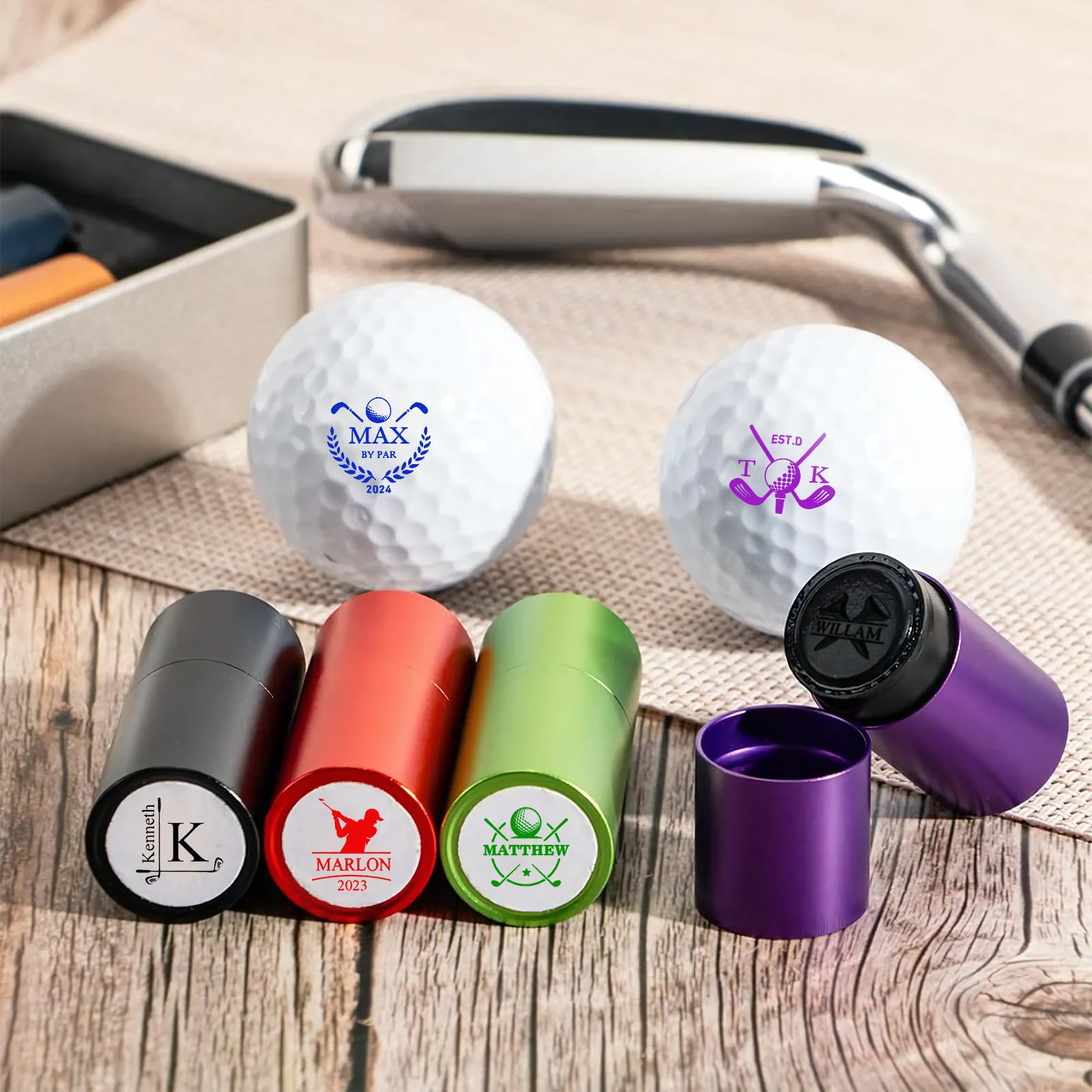Sello de pelota de golf personalizado con estuche de almacenamiento de metal, marca reutilizable