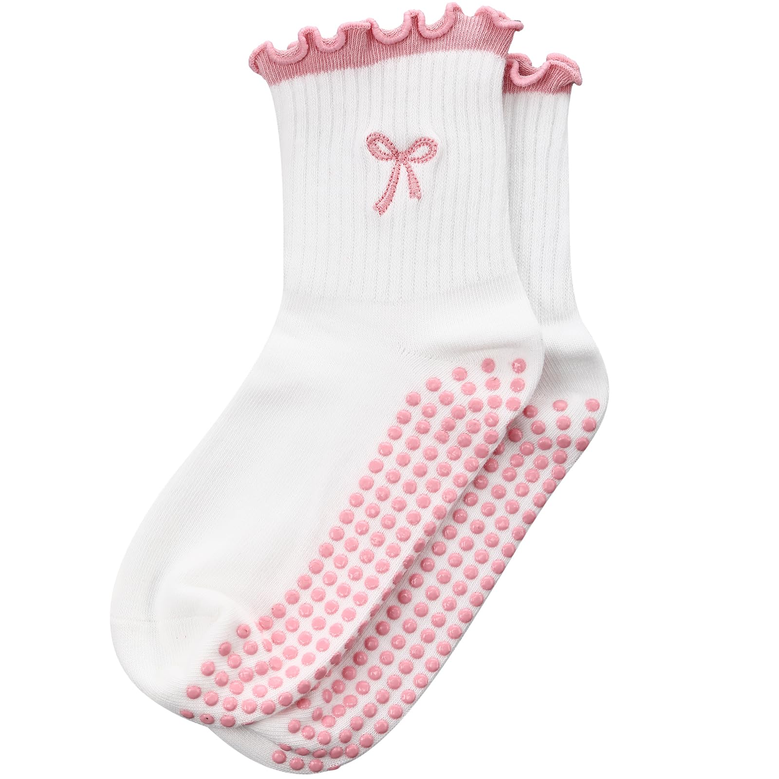 Jeyiour Women Cute Pilates Socks Non Slip Ruffle Yoga Socks with Grip for Crew Yoga Barre Workout Embroidery Pattern(Pink)