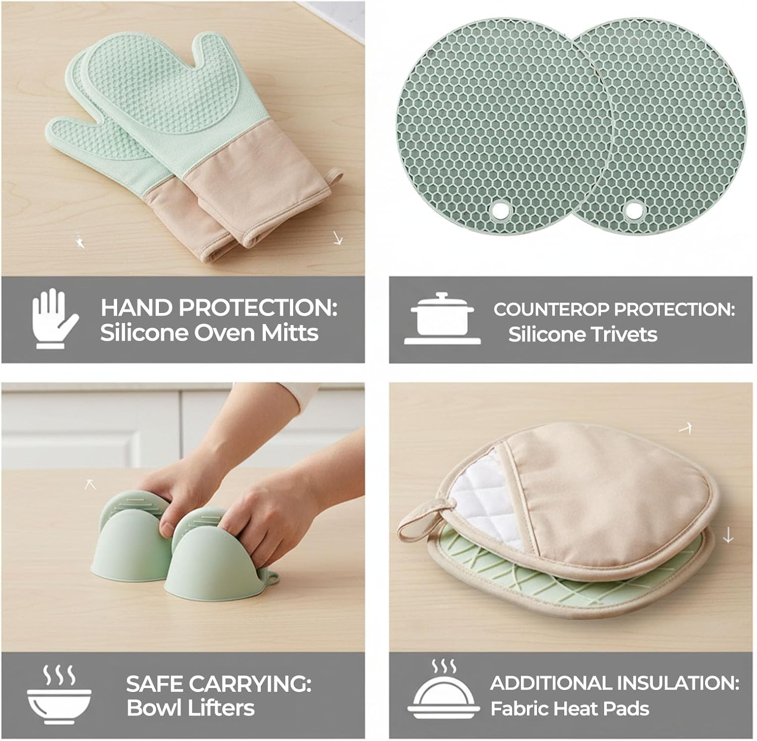 8-Piece Silicone Oven Mitts and Pot Holders Set with Hanging Loops - Heat Resistant Kitchen Gloves with Non-Slip Honeycomb Grip - Includes Mini Mitts & Trivet Mats for Cooking, Baking - Green - Image 7