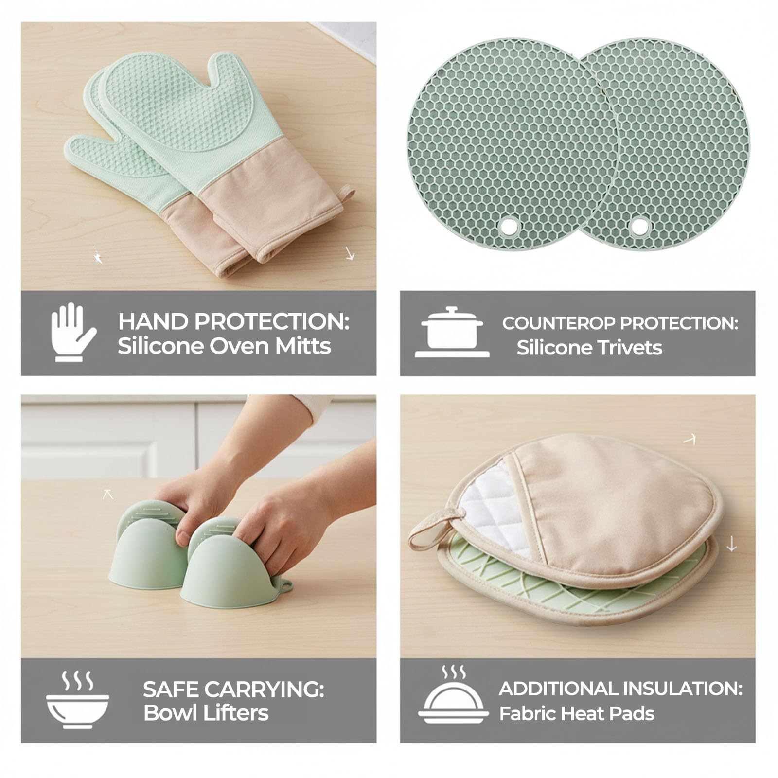 Lot de 8 gants de cuisine en silicone résistants à la chaleur avec doublure en coton doux