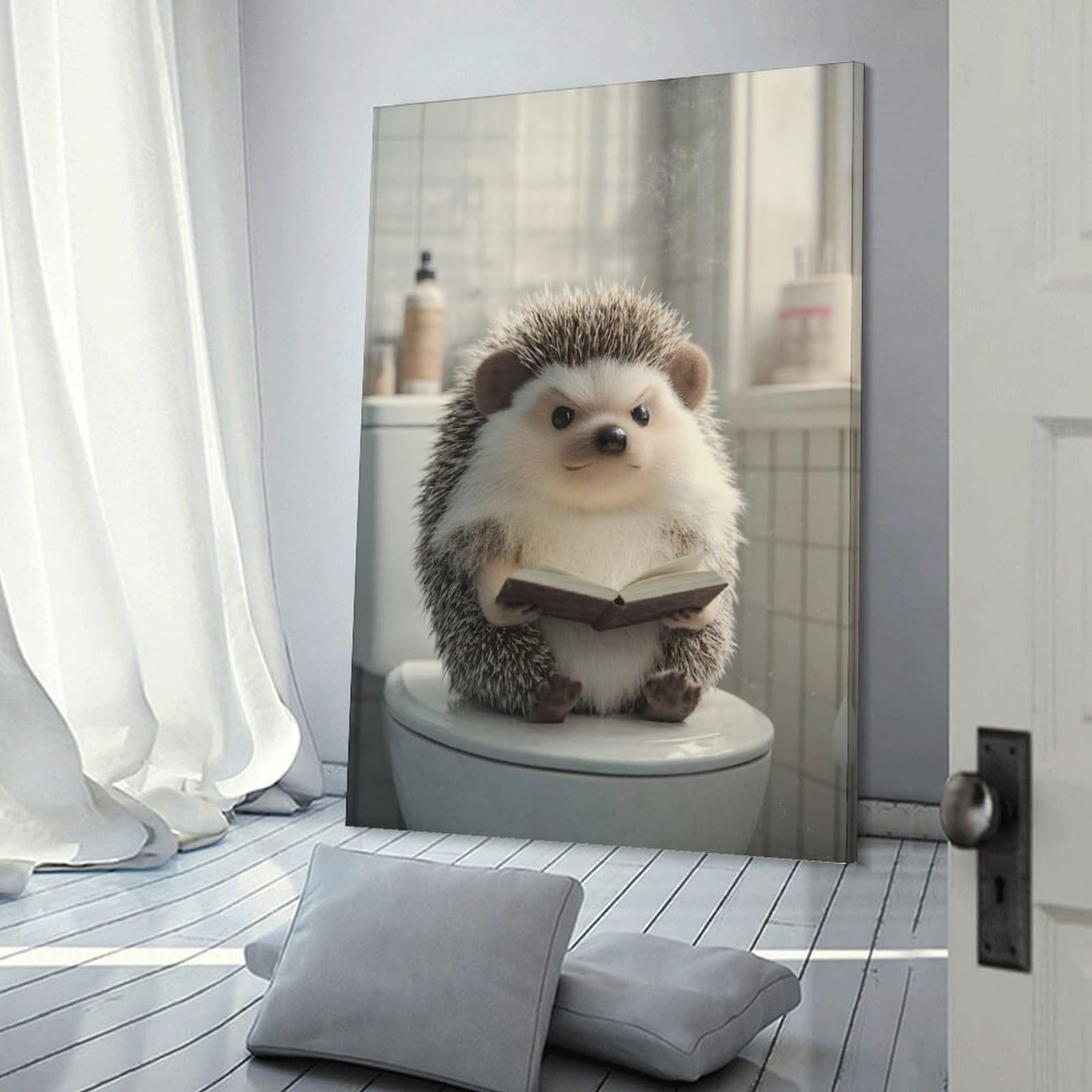 Junmoney Canvas Wall Art Hedgehog Reading on A Toilet, 24x36inch(60x90cm), for Bedroom, Guest Room Or Reading Nook, Canvas Wall Decor for Personal Spaces