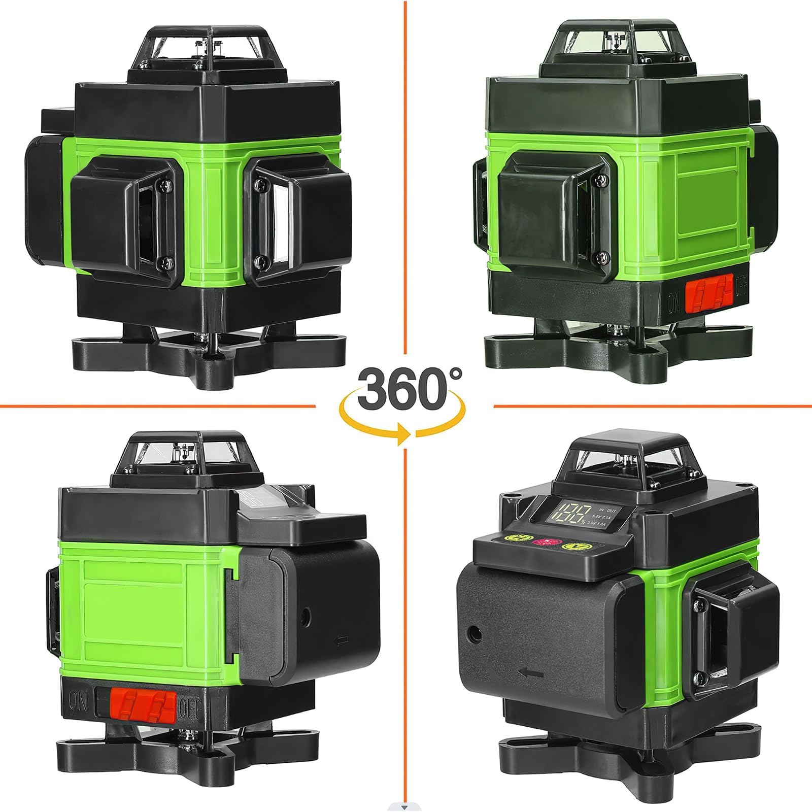 Laser en croix - 4 x 360 ° - Vert - Niveau laser auto-nivelant - Niveau laser 16 lignes avec trépied - Batterie rechargeable - 2 batteries de 2600 mAh - Laser de construction