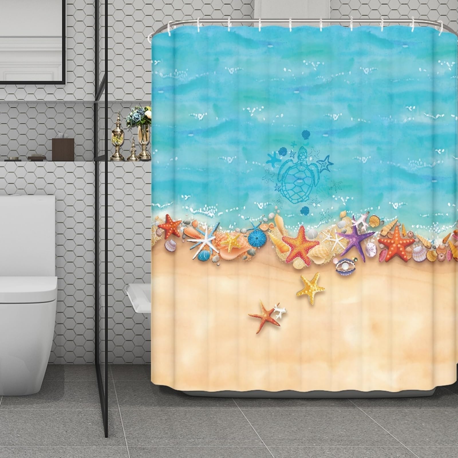 Rideau de douche 180x220 cm en polyester lavable motif plage