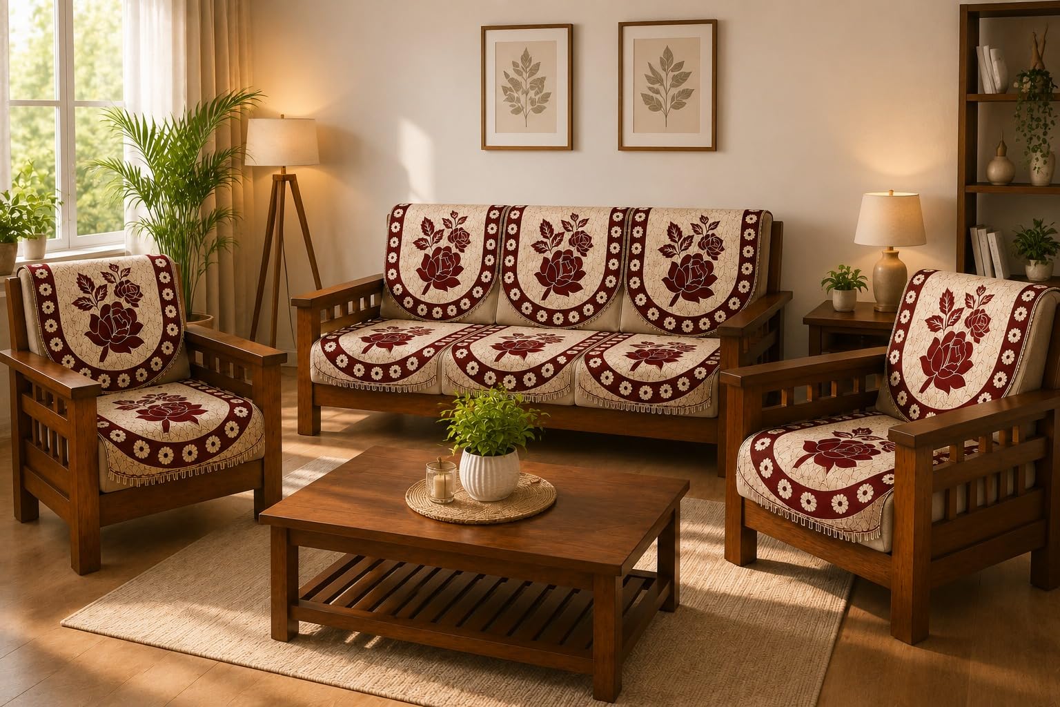 5 Seater Wooden Sofa Cover Set (3+1+1) | Floral Printed Cotton Sofa Cover for Living Room | Anti-Slip Furniture Protector | Washable Seat & Back Cover Set for Wooden Sofa | Maroon & Beige-image-32