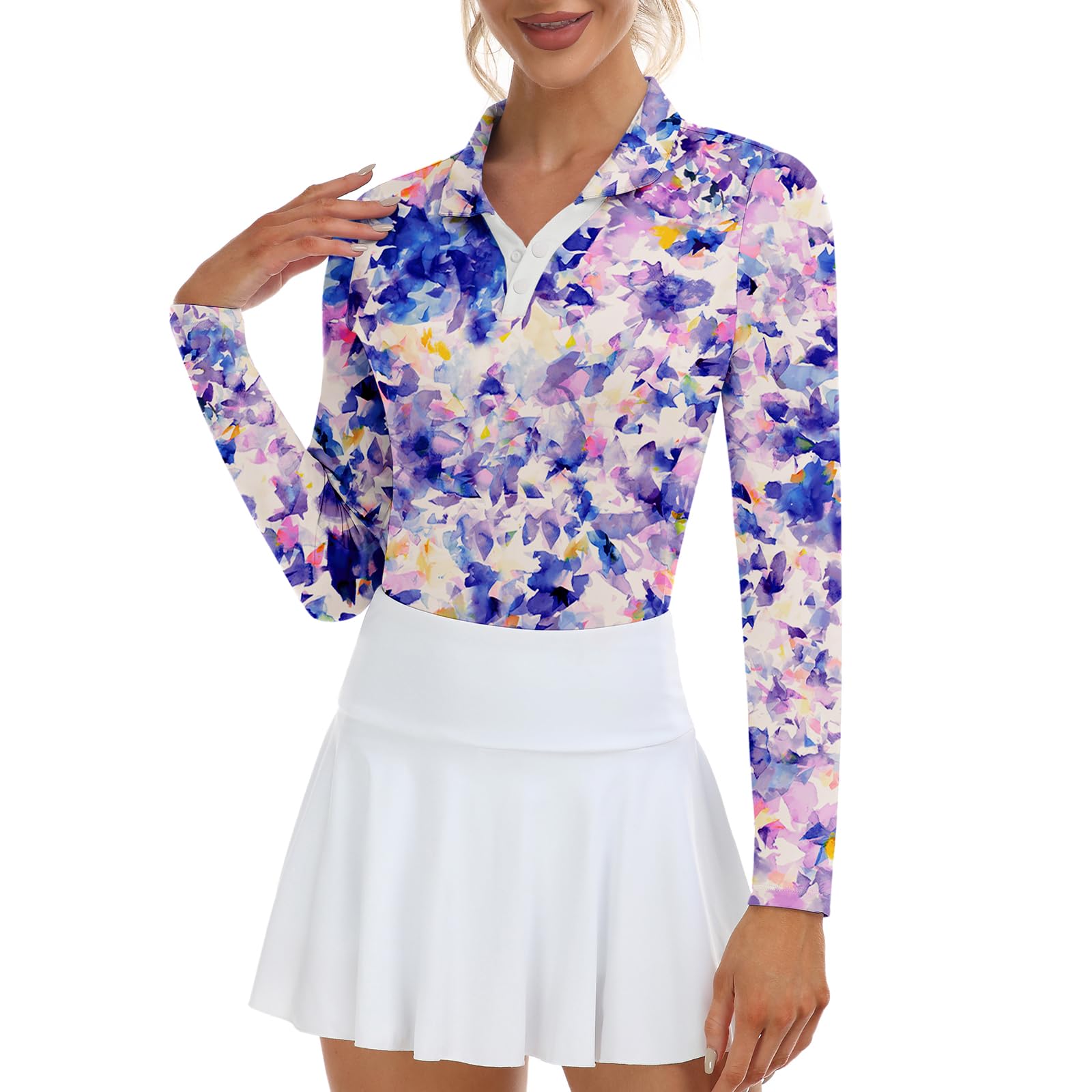 Soneven Womens Golf Shirts Moisture Wicking V Neck Long Sleeve Polo Shirts Collared Tops