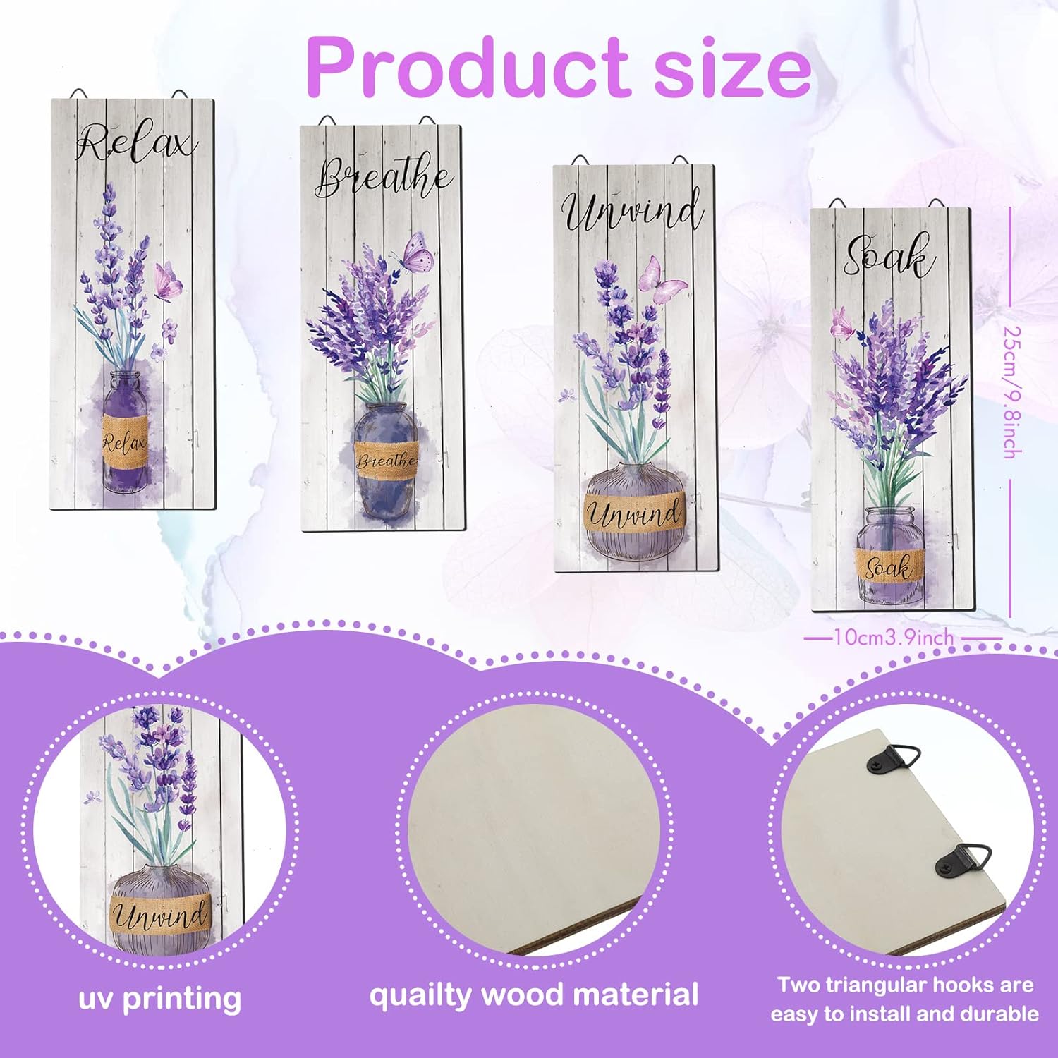 Gerrii 4 Pcs Lavender Bathroom Decor Purple Wall Art 10 x 4 in Purple Bathroom Accessories Boho Flower Picture Wall Bedroom Decor Farmhouse Wooden Sign for Home Laundry Botanical Decoration(Lavender)