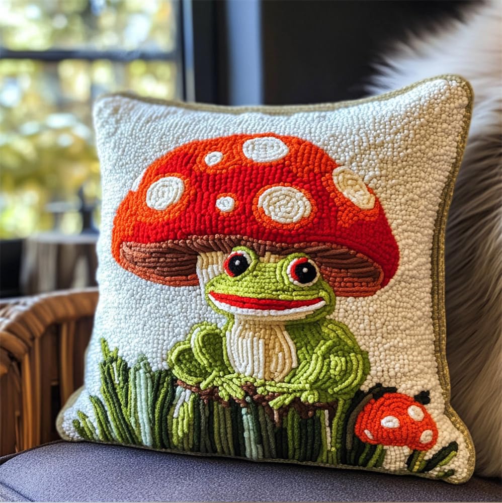 ORLUMY Pillow Case Embroidery Carpet Set Needlework Frog On A Mushroom Latch Hook Kit Hanging Needlework Pillow Cover Latch Hook Carpet Kit 43X43Cm