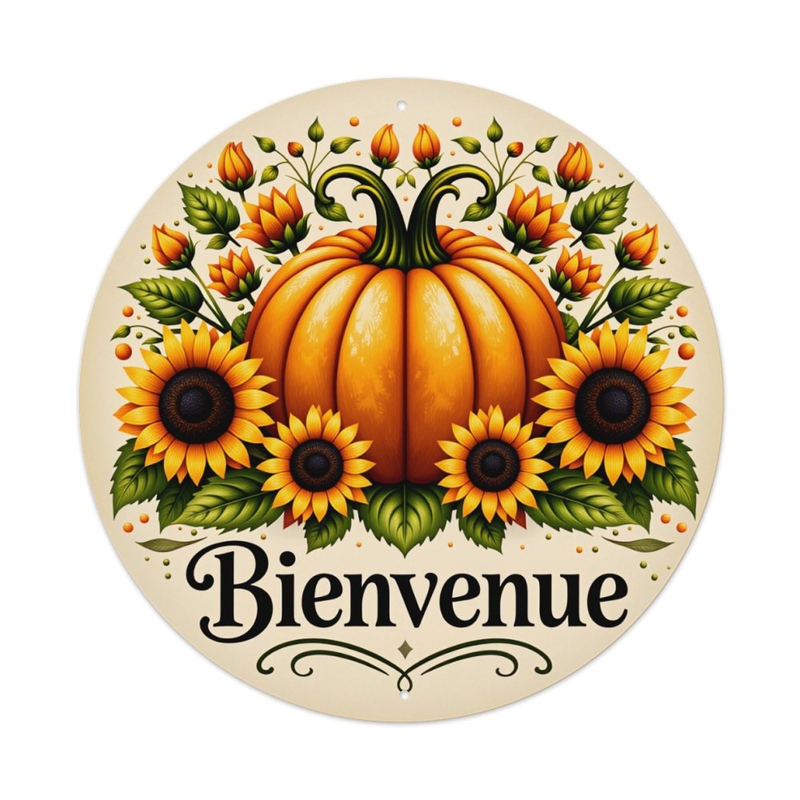 Pumpkin Sunflower Autumn Welcome Pattern Vintage Metal Tin Sign Retro Wall Decor for Home Bar Garage Cafe, Indoor & Outdoor Decorative，circle Metal Poster, 8x8 Inch