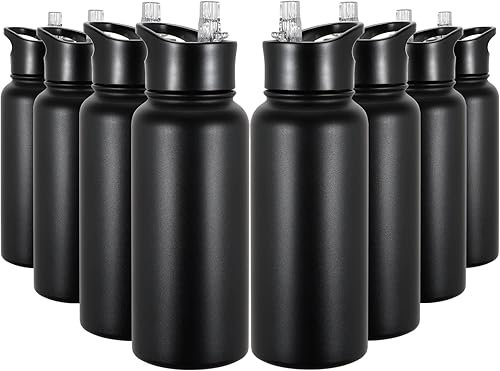 Miniatura 27 de Paquete de 8 botellas de agua deportivas de acero inoxidable con aislamiento de 32 oz, botellas de agua con tapa de pajita y tapas de boca ancha,