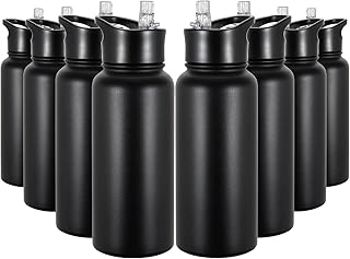 32 oz Insulated Water Bottle Bulk 8 Pack, Stainless Steel Sports Water Bottles with Straw Lid & Wide Mouth Lids, Double Walled Vacuum, Leak Proof, Black