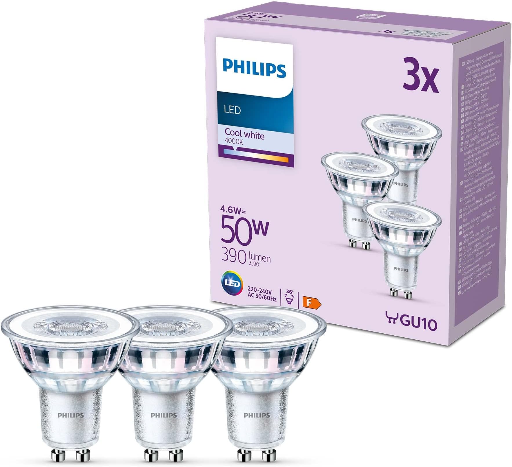 Philips LED Classic Spot Light Bulb 3 Pack [Cool White 4000K - GU10] 50W, Non Dimmable. for Home Indoor Lighting