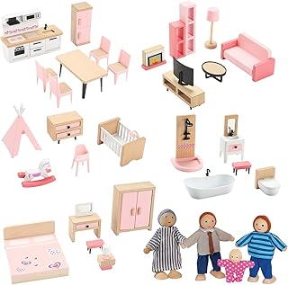 Wooden Dollhouse Furniture Set, 36pcs Furnitures with 4 Family Dolls, Dollhouse Accessories Pretend Play Furniture Toys for Boys Girls & Toddlers 3Y+, Pink