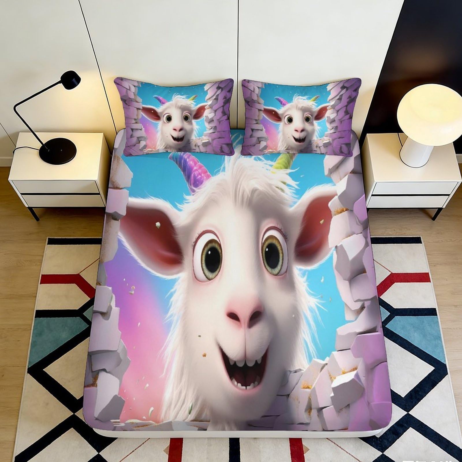 3D Printed Cartoon Goat Fitted Sheet Microfiber Colorful Fantasy Castle Mattress Cover for Bedroom Guestroom Decor 90x200x25cm