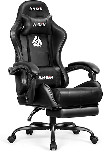 Miniatura 1 de N-GEN - Silla de videojuegos con reposapiés, respaldo alto, ergonómico, cómodo, escritorio de oficina para computadora con soporte lumbar, altura