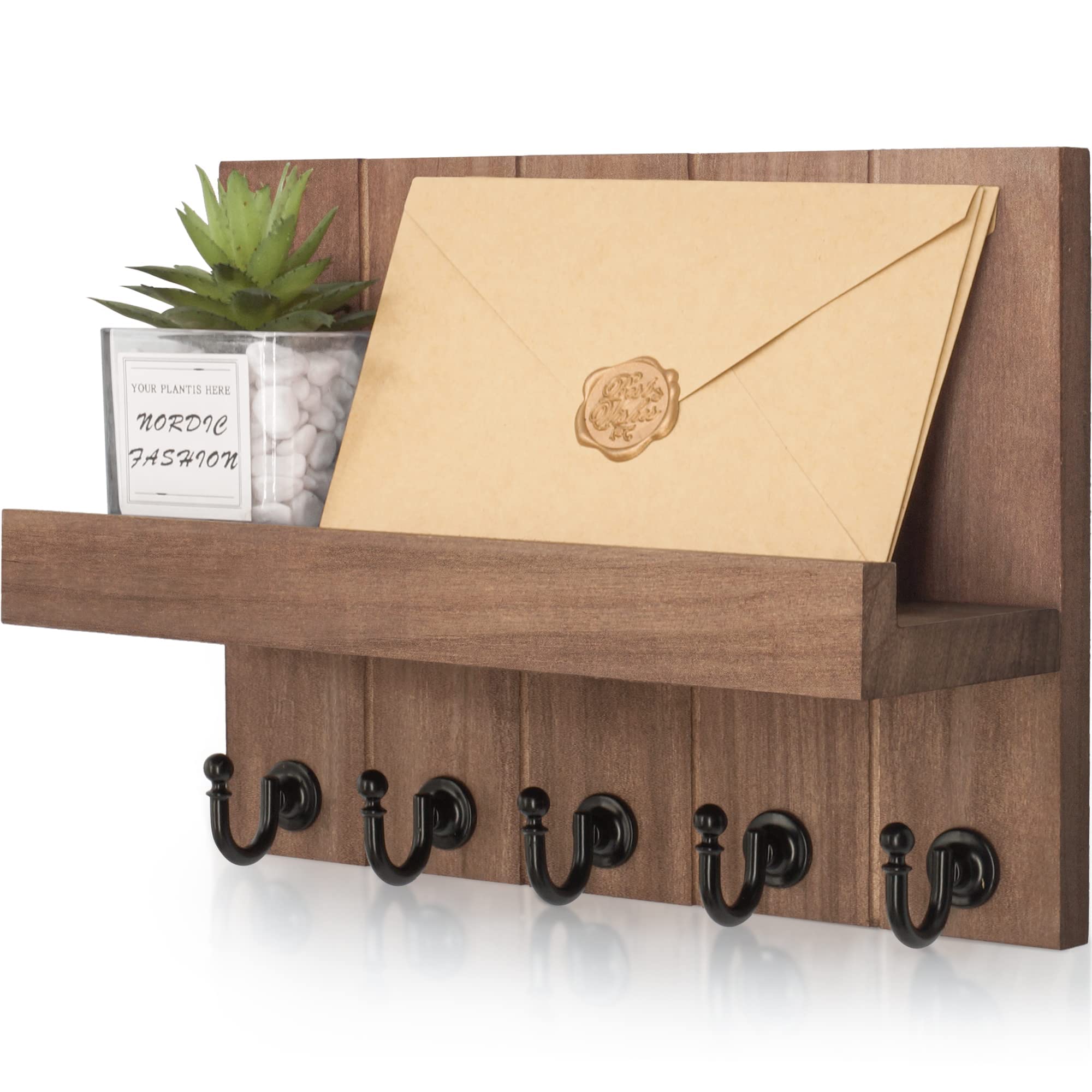 Key Holder for Wall, Decorative Mail Organizer Wall Mount with 5 Key Hooks for Farmhouse Apartment Essentials, Home Decor for Living Room (Brown)