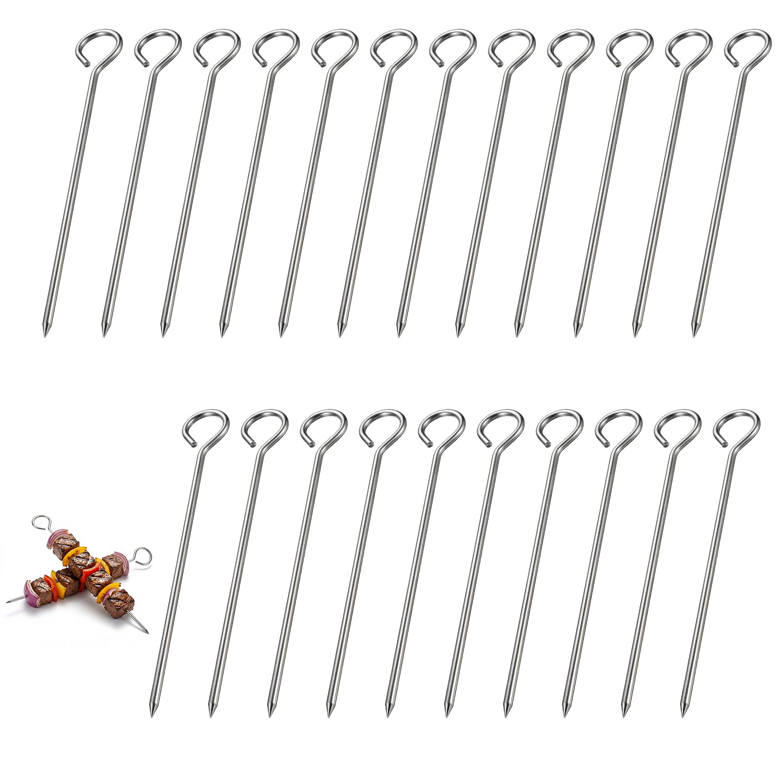 Geukmun 20 Pack 20cm Kebab Skewers, Stainless Steel skewers with Hook, Reusable Chicken Skewers for BBQ, Fruits, Kebabs Accessories