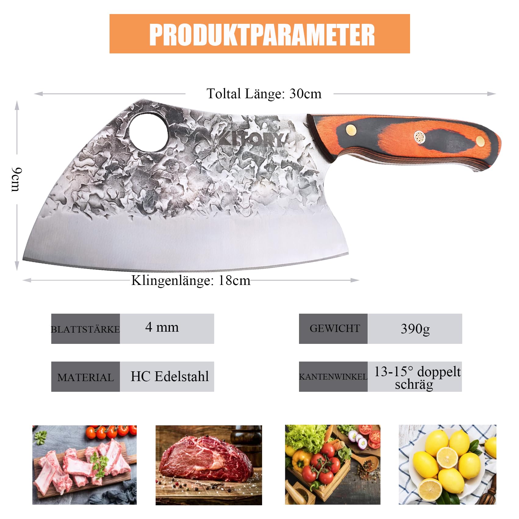 Kitory Serbisches Hackmesser 18cm, Chinesisches Küchenmesser für Fleisch & Knochen, Handgeschmiedet, Pakkaholz-Griff mit Mosaik-Niete