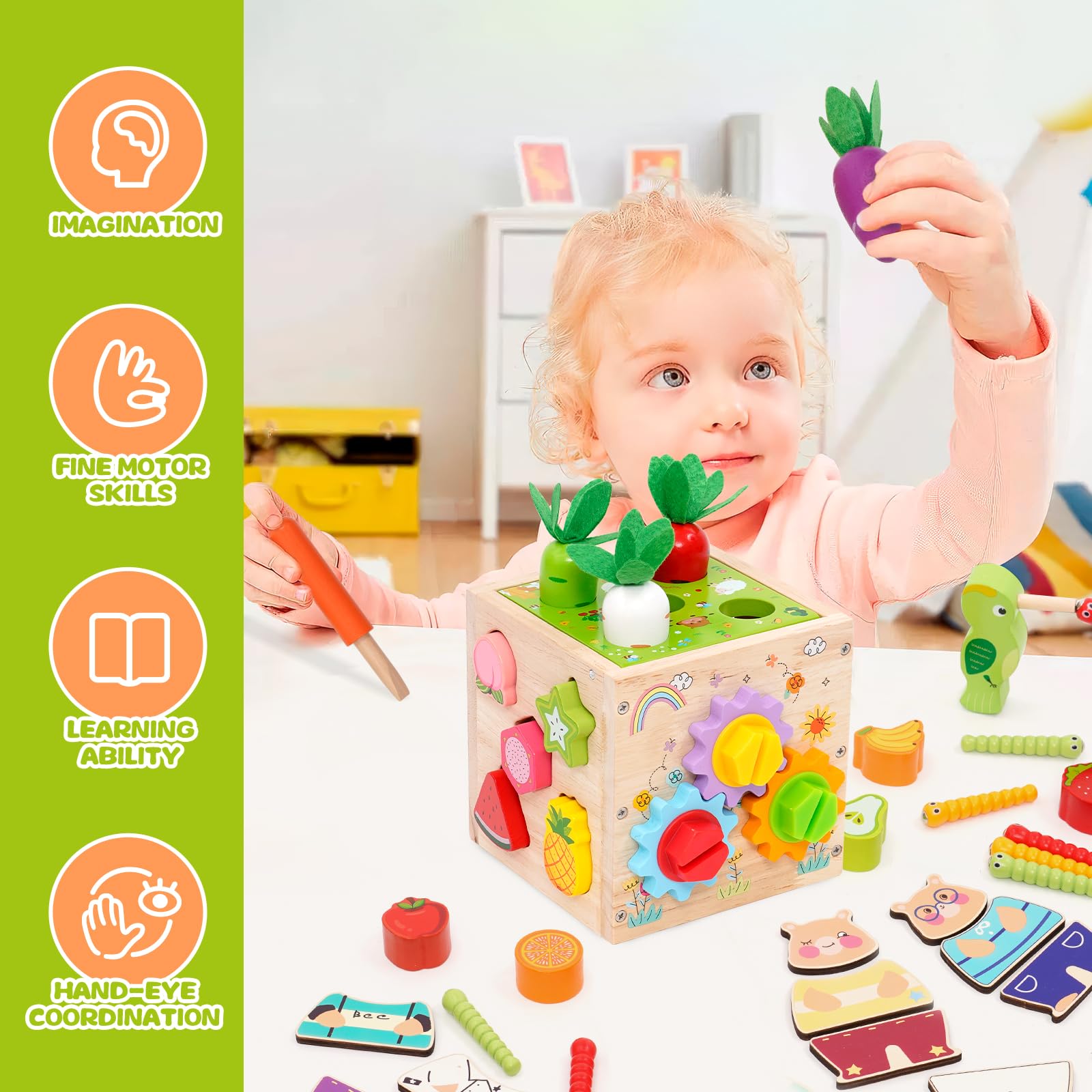 5 w 1Montessori kostka motoryczna, kostka aktywności, zawiera kostki do przyporządkowania kształtów, zbieranie marchwi, łapanie owadów, koła zębate, drewniane kostki, zabawki do wczesnego rozwoju i