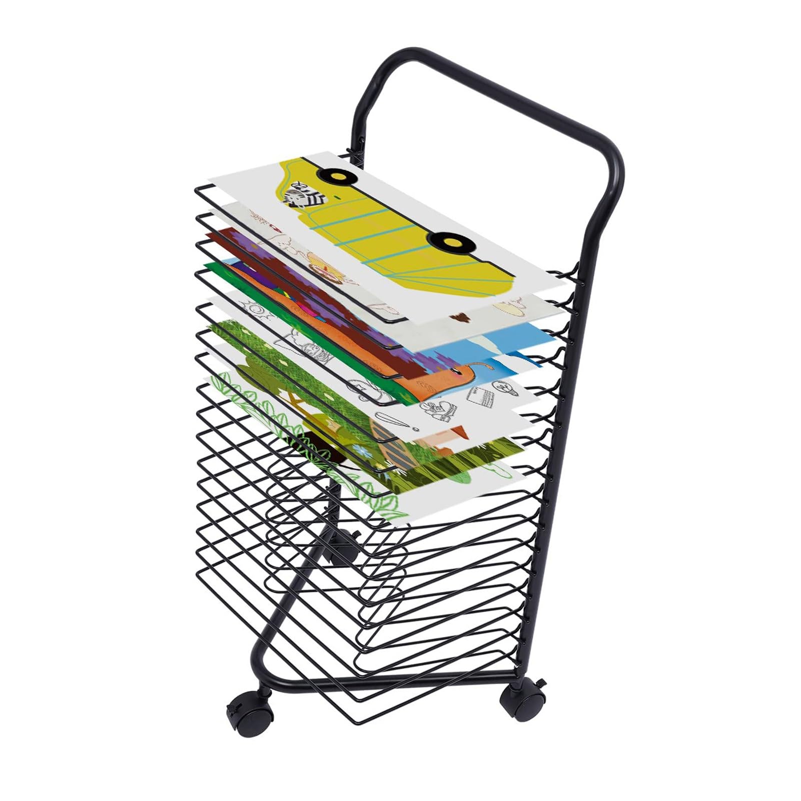Aioneer Art Drying Rack, Wheeled Metal Drawing Drying Rack, 16 Removable Shelves, Stack Rack for Drawings, and More, Ideal for Classrooms, Art Studios,Black