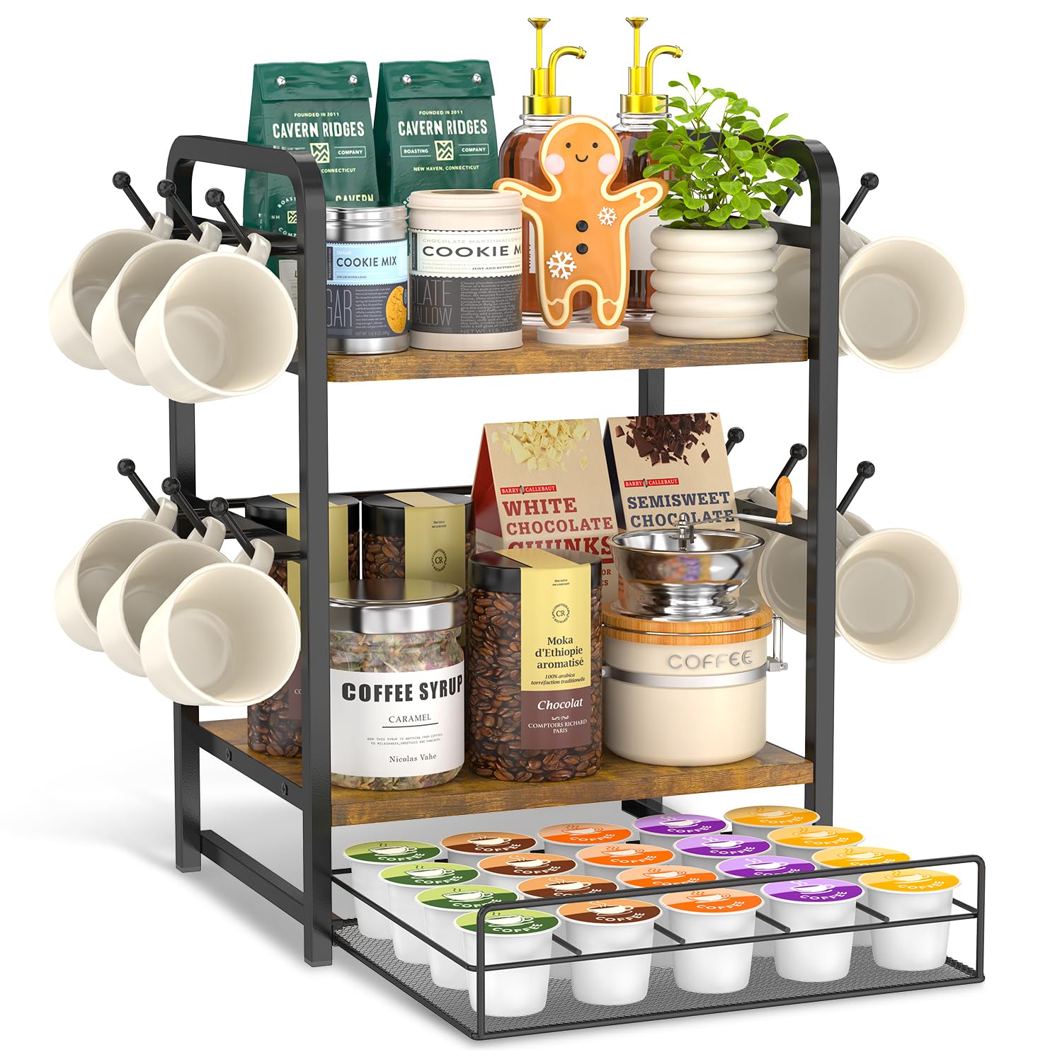 EsLuker.ly Organizer da bar con ripiano per tazze da lavoro, supporto per tazze da caffè a 3 livelli con 12 ganci per casa e ufficio, cassetto organizer per capsule K Cup, mantiene gli oggetti