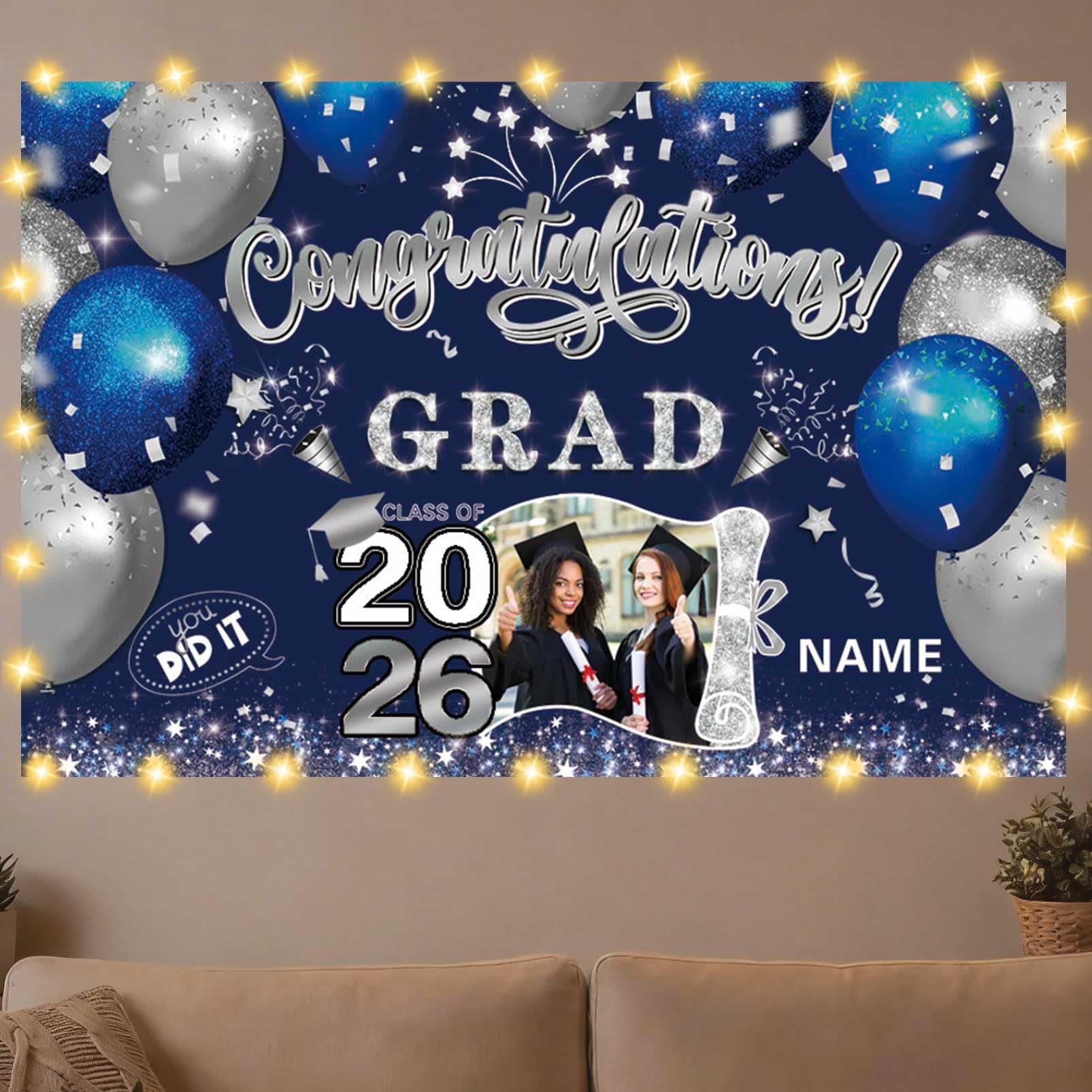 Dicodes Personalized Graduation Banner with Photo 2026 Congrats Grad Photo Booth Backdrop Custom Party Supplies Decorations(A-Blue and Silver)