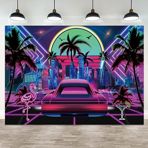 Miniatura 1 de Fondo de neón brillante retro de 7 x 5 pies, 70, 80, 90, Y2K, escenario de fotografía tropical urbano, escena callejera, colorido, punk, paisaje