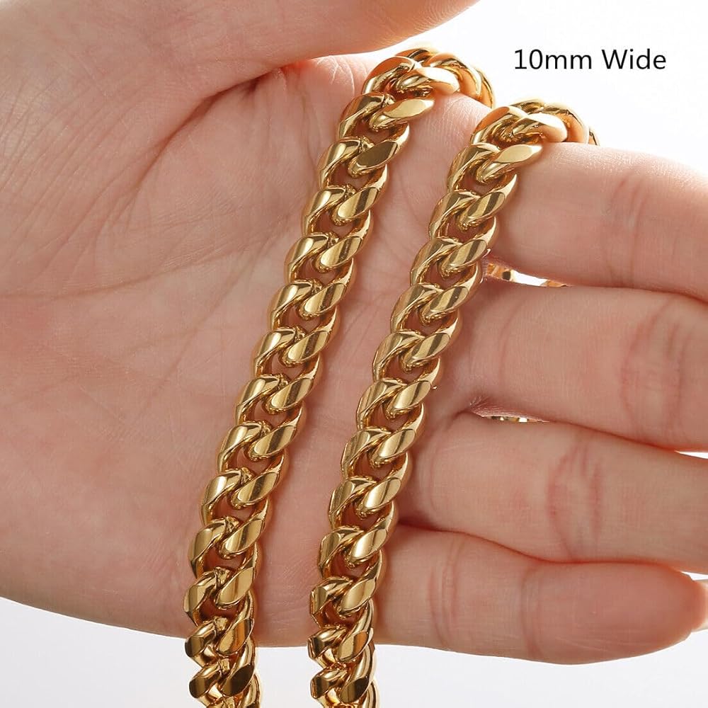 ROWIN&CO 10mm Solid 18k Gold Miami Cuban Link Chain for Men