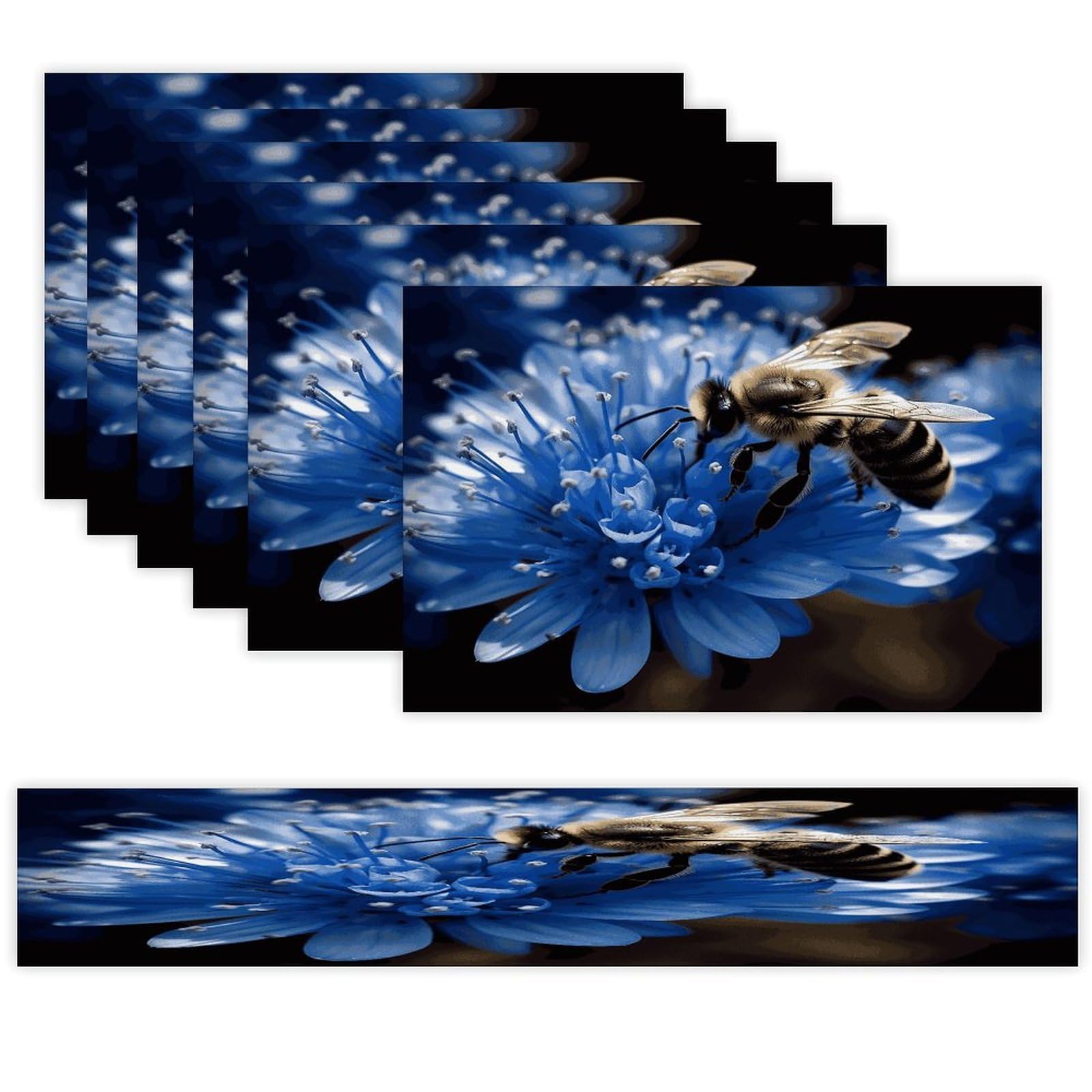 Blue Flower Bee Table Runner and Placemats Set of 6 for Kitchen Washable Table Mats Heat Resistant Place Mats Non-Slip Place Mat Wipeable Placemat(6 Placemats+1 Table Runner)