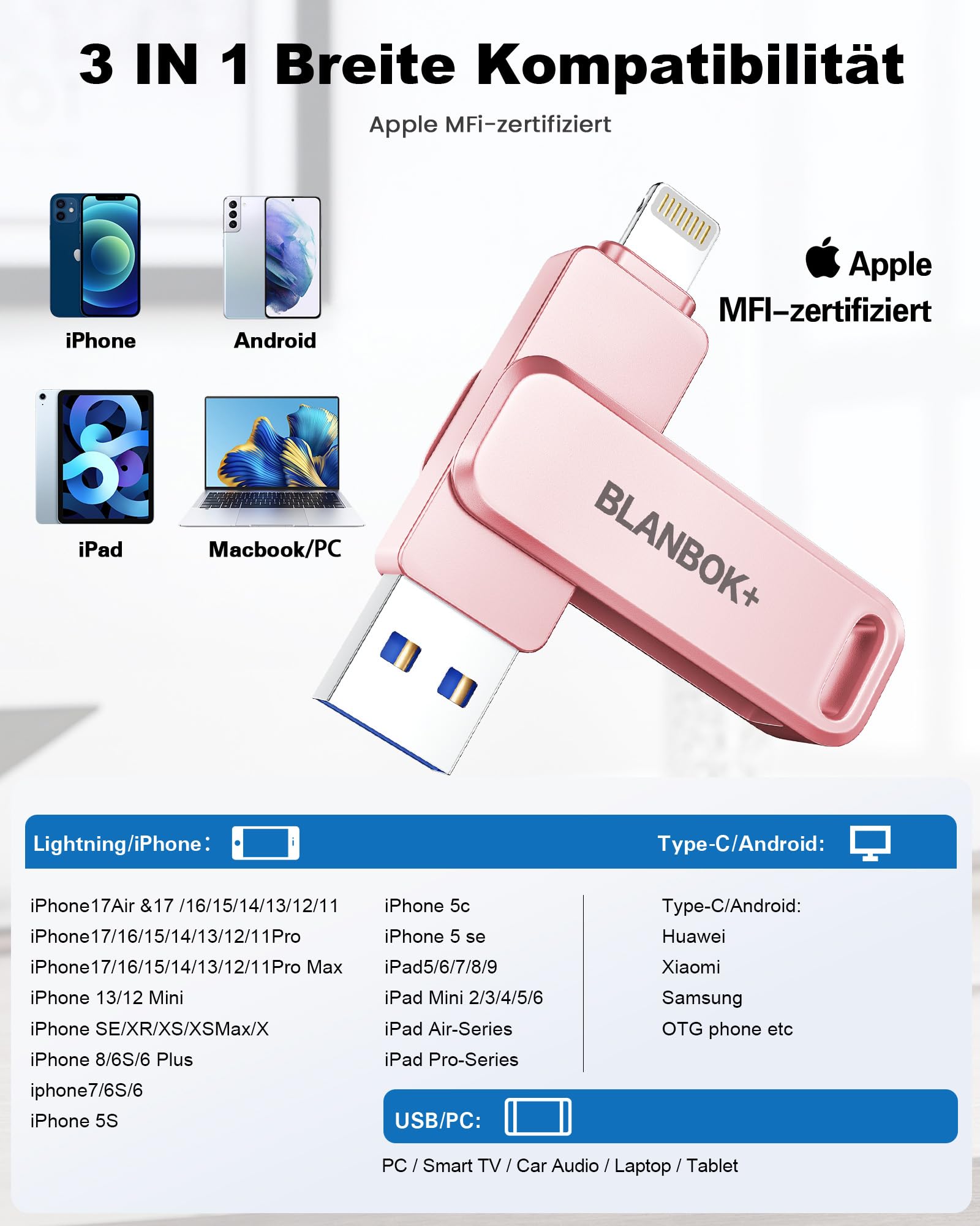 Chiavetta USB per telefoni cellulari, unità flash 3 in 1 per iPhone, iPad, Android e PC, memoria portatile ad alta velocità USB 3.0, stick per backup di foto e dati (Rosa, 512 GB)